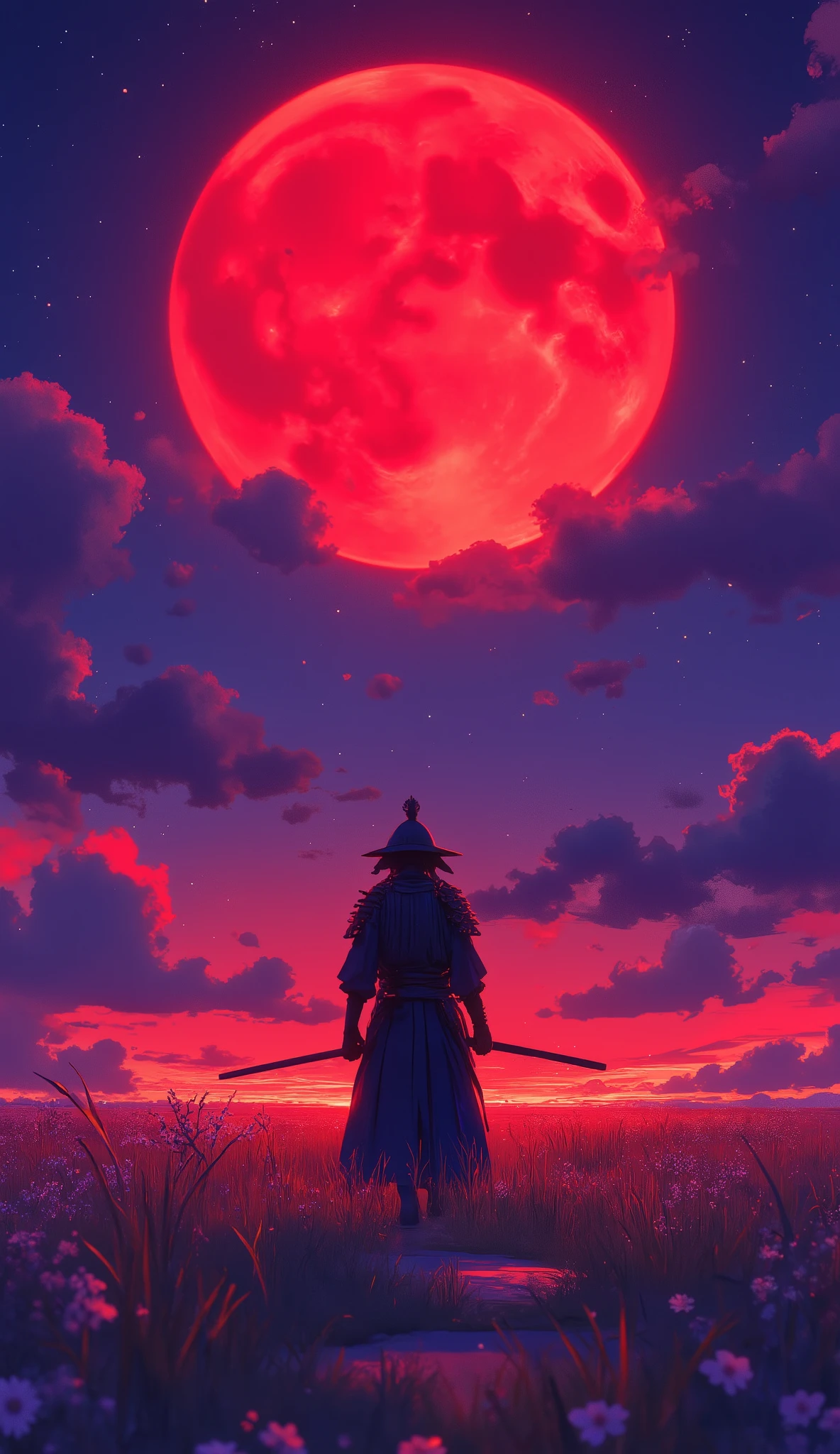 "Create a high-quality anime scene depicting a samurai walking through a peaceful field under a red moon. The sky should be filled with a vivid red hue and adorned with sparkling stars, enhancing the tranquil yet mystical atmosphere. Focus on rich colors, intricate details of the samurai's armor, and the serenity of the surrounding nature. Ensure the composition captures a sense of calmness and wonder, with dynamic lighting that emphasizes the contrast between the red moon and the starry sky, 4k "