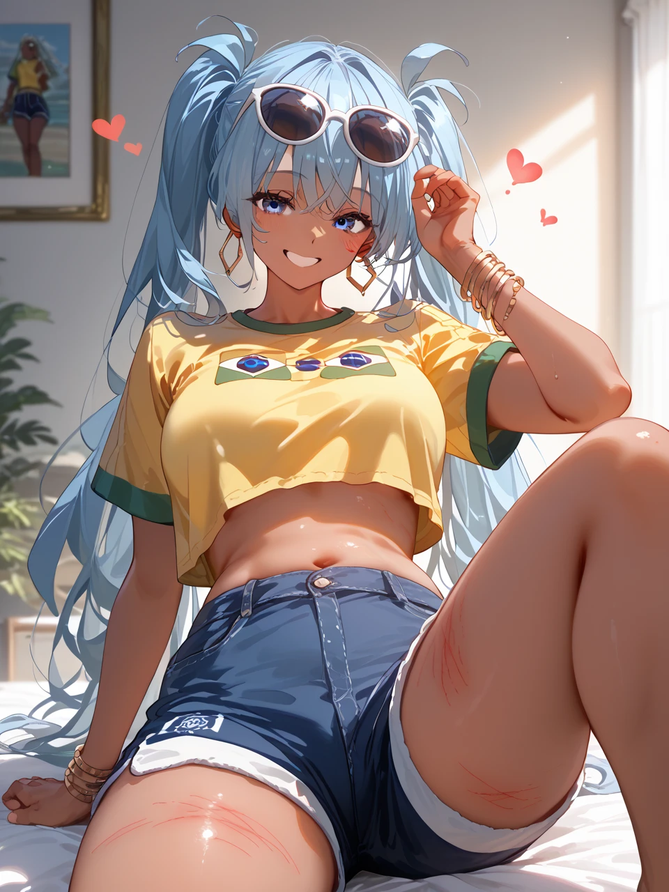         top quality,         top quality,       High Quality Pictures        ,     masterpiece  ,           super high resolution    ,          Detailed Background   ,          absurd,        perfect anatomy     ,          Deep Vaginal Performance    ,   good lighting  ,       Photo Gallery    ,          1 mature Brazilian Miku、  dark skinned woman  、  sunburn marks、  twin tails、Flowery Hair  、 Light Blue Eyes
sunglasses  、Glasses on head、  yellow shirt、  cropped shirt  、Short sleeve、  swimsuit、青い  shorts 、デニムの  shorts 、  shorts 、beads、  Hoop Earrings  、  Bracelets  、clavicle、abdomen、、 Very huge boobs、  charming smile , Hearts in the eyes,   pose
