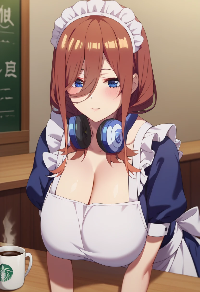 Miku Nakano, long hair, bangs, blue eyes, brown hair, shirt, hair between eyes, headphones, headphones around neck, mature female,face forward、 huge breasts、valley、Exposed chest、Shoulders exposed、coffee shop、whole body,maid, maid apron, maid headdress, puffy sleeves