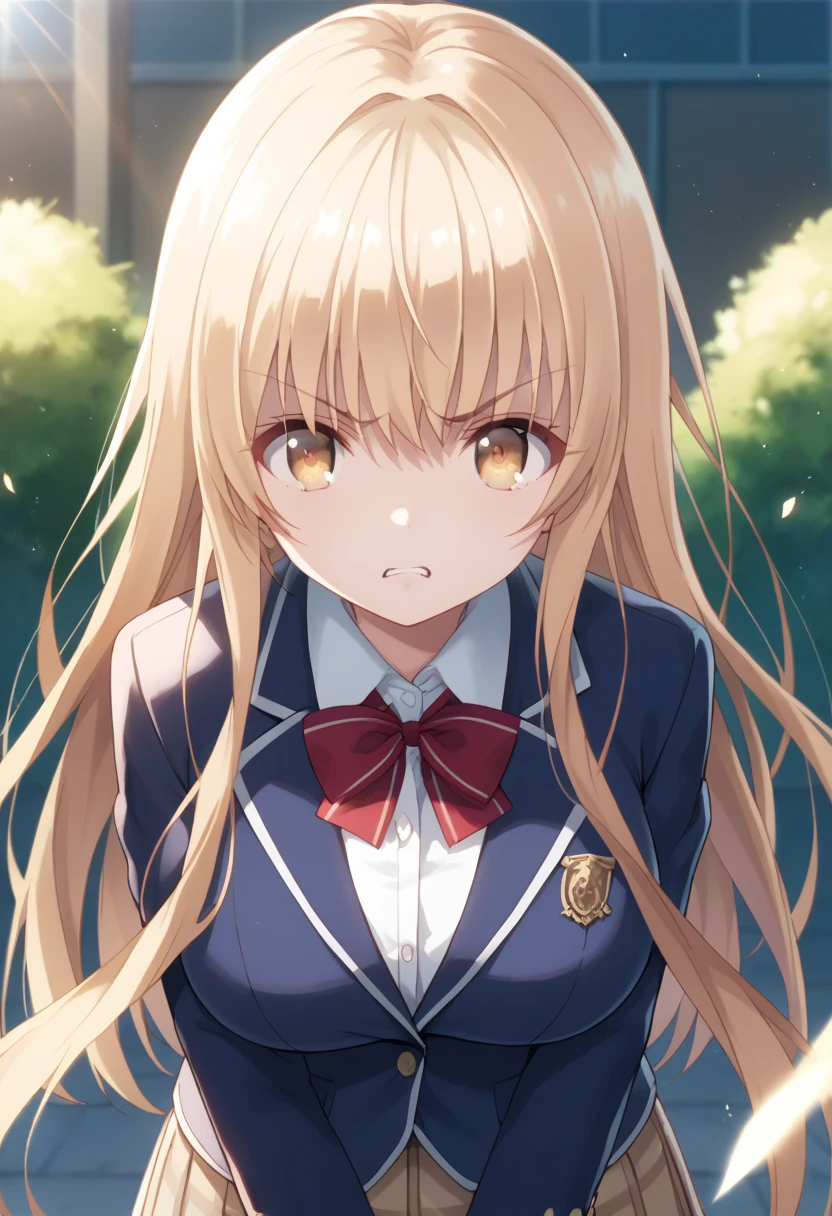 Solo, POV, Mahiru Shiina, The Angel Next Door Spoils Me Rotten, big breast, school uniform, blue blazer, angry, standing, outdoor, Volumetric lighting, Volumetric particles,