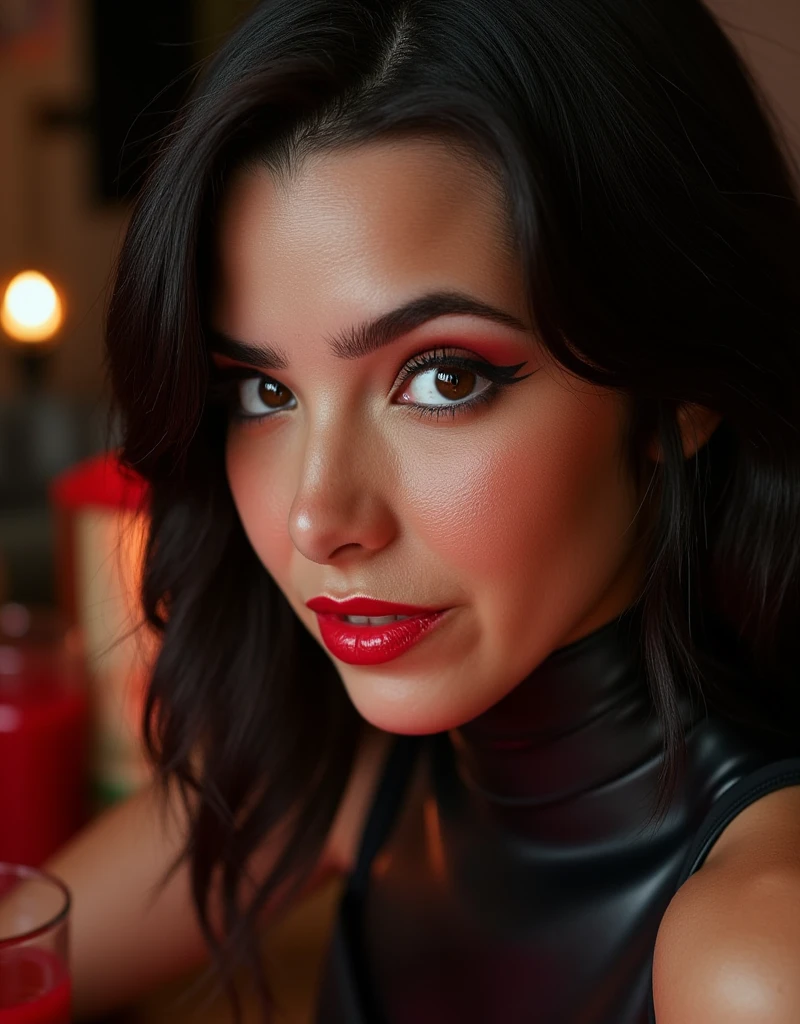 beautiful full body portrait, red lip gloss, latex catsuit, euphoria, black hair, shiny lips, glossy lips, reflective lips, eye contact, on a dinner date, look of desire as she dips her chin down towards the viewer, lip fillers, full lips, shiny red gloss on lips, eyeliner flicks