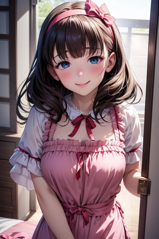 A beautiful girl in a yellow dress sitting on a bed with rose petals, anime girl,masterpiece, longing, closeup cleavage, Big eyes, KawaTech, kawaii, Cute, Pastel colors, Best Quality, cheerfulness, Deep background, Symmetrical, Head Tilted, 1girl in, lightsmile, Shiny skin, Best Quality, masterpiece, (Game CG:1.4), NSFW, Detailed beautiful face and eyes, bottom shot, turned around, hight resolution, (high detailed face), ((((1girl in)))), ((( Solo ))), delicate and pretty, Perfect face, Beautiful detailed eyes, ((Smile)), earrings, smile, blush, pupils sparkling, Fair skin, Real Human Skin, ((((20 years old )))), (big round breasts)), Baby face, dark brown hair, pink gradient bangs, long bangs, long hair, (((Ponytail))), wavy hair, swept bangs, shiny hair, hairclip, ribbon, hair flower, gymnastic suit, masterpiece, super fine illustration, best quality, light particles, ultra-detailed, 8K wallpaper, (bright colors:1.2), solo, ((a little girl)), big breasts, (brown hair), shiny skin, (wearing pale yellow and white horizontal striped dress, short sleeve), (frilled miniskirt), (white legwear), ((horizontal striped panty)), (beautiful green eyes, shiny eyes, big eyes), affectionate smile, seductive smile, closed mouth, shadowblush cheeks, (naughty room),, panorama, Wide-Angle, f/1.8, 85mm, Nikon, 8k, super detail, UHD, retina, masterpiece, accurate, anatomically correct, textured skin, high details, best quality, highres, pink bed), (pink pillows), (pink curtain), looking back, get d16(own all fours, nsfw, sunlight, high detail, anime, anime style, cinematic lighting, dithering, image fill, framed, pov, perspectivek