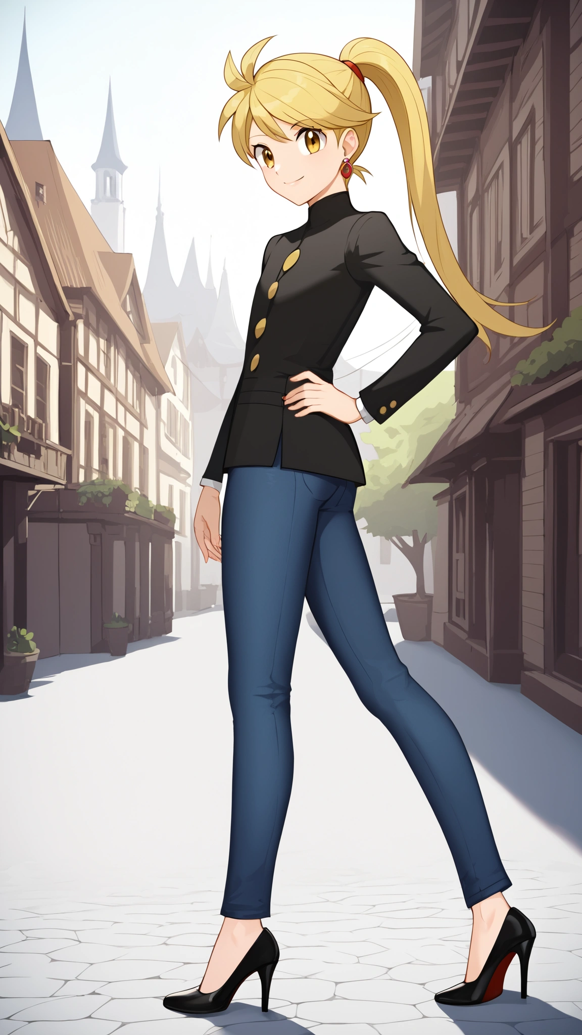 Blonde,  yellow eyes,  Ponytail, 1 Female, Age 16,  is standing, whole body,  slim figure,  sexy smile,  Seductive Smile , Black suit, Black jeans,  Tall,  black high heels, yellow earrings , Anime Coloring Book, Place one hand on hip,  score_9,  score_8_Excellent,  score_7_Excellent,  score_6_Excellent,  top quality,  source_Anime,  cell shading ,  flat color, vector,  Detailed Background , town, building, (\ Pokémon\), Outdoor,  viewers who stop at the edge, only one person, Two legs,