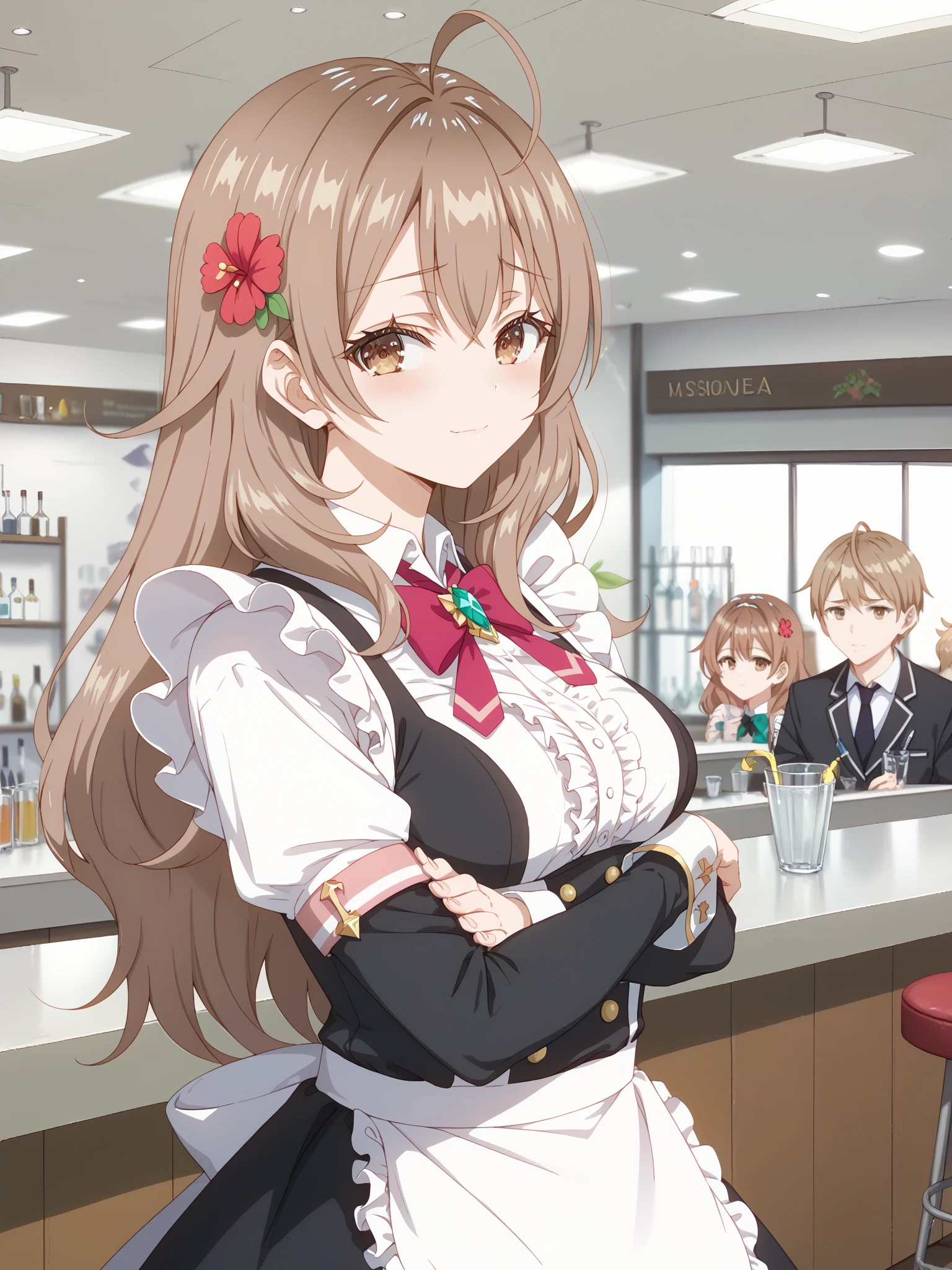 score_9, score_8_up, score_7_up,
standing in from of bar, shy face, eyes level,
best quality, masterpiece, cozy room,
professional photo, high key light, hard shadow, soft bokeh,
masha_ane, brown eyes, brown hair, hair flower, long hair, ahoge, 
lovelybear_maid_outfit, looking at viewer, minimal diamonds jewelry with a necklace,
