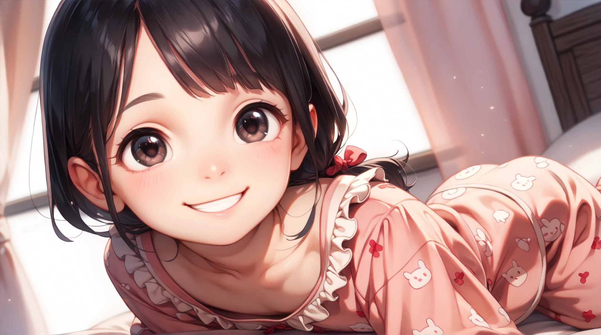 Young girl（８talent、loli、 Kindergarten Mother）、Black Hair、 shortcuts、 dark eyes、clothing（pajamas:1.5）、break((smile:1.5), (looking up:1.3))、background（back ground is pink:1.3）