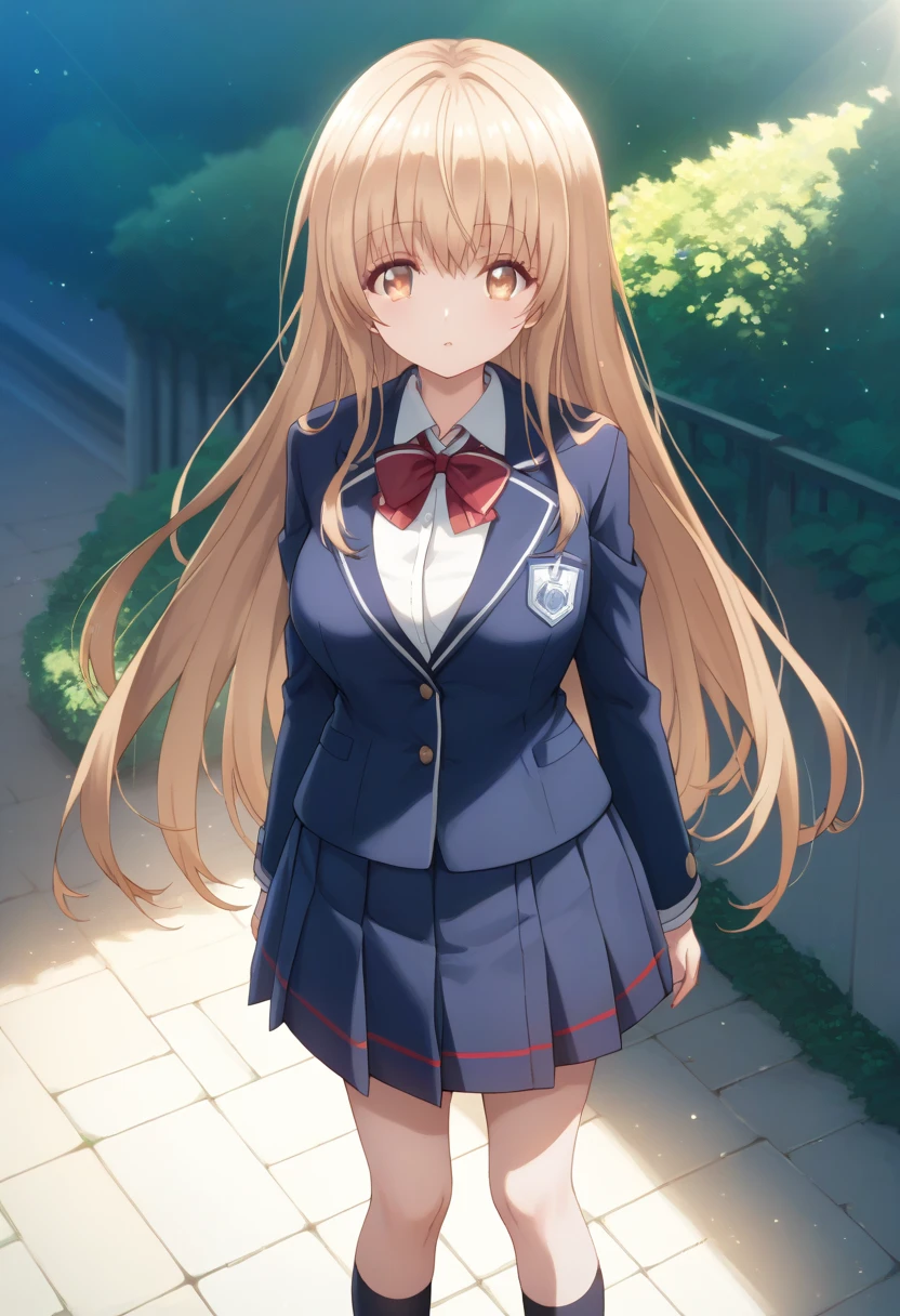 Solo, POV, Mahiru Shiina, The Angel Next Door Spoils Me Rotten, big breast, school uniform, blue blazer, Sulk, standing, outdoor, Volumetric lighting, Volumetric particles,