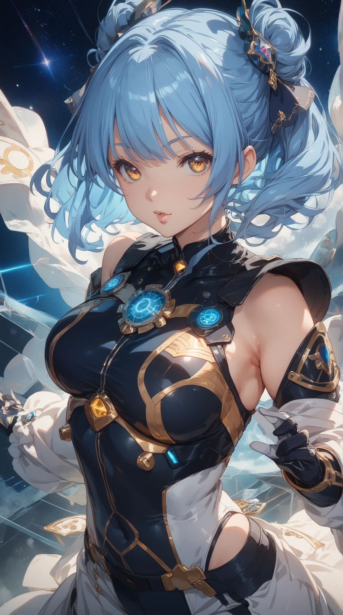 Cute character, Anime character, Ultra detailed anime illustration of beautiful woman, cyborg, cyberpunk, golden filigree, intricate motif, sunlight, smiling face, blushing, loving gaze, light blue, full body pose, ultra detailed posture, fantasy, fantasy environment, anime style, she stand in the top of the high building, bright colors, CMYK colors, backlighting, misty light, highly detailed, grandeur and awe, cinematic, stunning visual masterpiece, double exposure, best quality, 32k