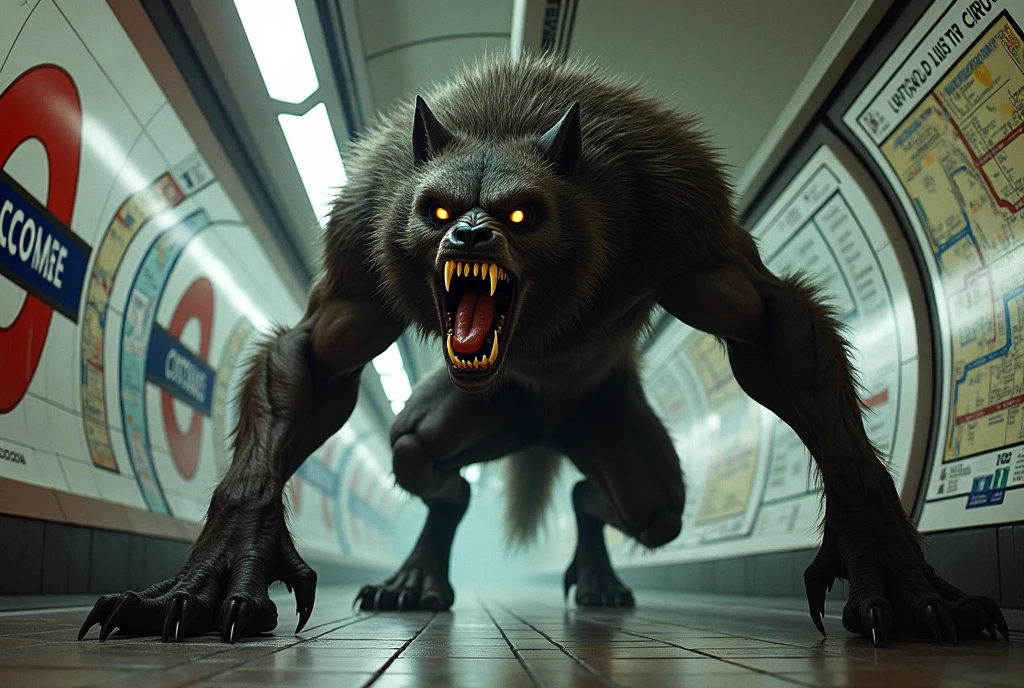 This is a highly detailed digital illustration depicting a hyper-muscular menacing werewolf poised on all fours in a London underground station, with its fur in shades of dark brown and grey, menacingly in the center of the image, its mouth open in a ferocious snarl, revealing sharp, menacing teeth. Its eyes glow a bright yellow, adding to its menacing appearance. The werewolf's fur looks thick and textured, with individual strands clearly visible creating an undulating effect from the muscular body underneath. 

The subway station is dimly lit, with a tiled floor and white walls adorned with tube maps. The map on the wall features underground lines with a multicolored scheme, and the station is decorated with graffiti, adding to the gritty, urban atmosphere. The werewolf is just rounding a blind corner, backing up the viewer who is retreating backwards from the beast. The official London underground tube station "BLOOD LUST" on the wall.