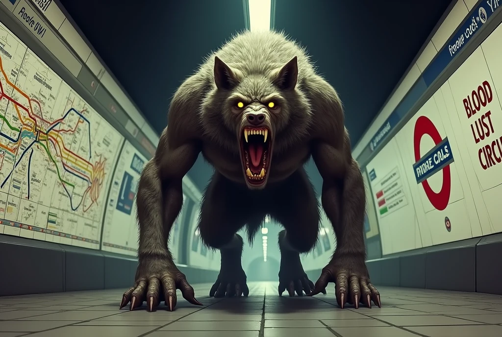 This is a highly detailed digital illustration depicting a hyper-muscular menacing werewolf poised on all fours in a London underground station, with its fur in shades of dark brown and grey, menacingly in the center of the image, its mouth open in a ferocious snarl, revealing sharp, menacing teeth. Its eyes glow a bright yellow, adding to its menacing appearance. The werewolf's fur looks thick and textured, with individual strands clearly visible creating an undulating effect from the muscular body underneath. 

The subway station is dimly lit, with a tiled floor and white walls adorned with tube maps. The map on the wall features underground lines with a multicolored scheme, and the station is decorated with graffiti, adding to the gritty, urban atmosphere. The werewolf is just rounding a blind corner, backing up the viewer who is retreating backwards from the beast. The official London underground tube station "BLOOD LUST" on the wall.