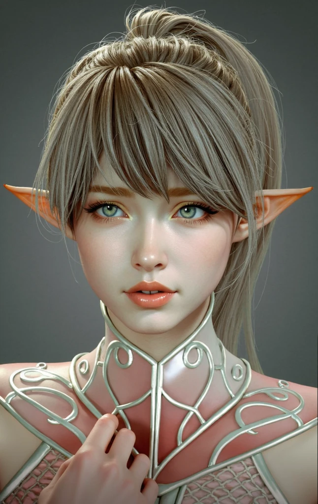Ultra-detailed complex 3D rendering of the face, (Colossal: 7.8), (masterpiece, top quality, octane rendering, 8K), glamour shot full body image, very beautiful young elf, cleavage, (very detailed skin: 1.2), (exposure: 1.1), brown hair, (skewed silvery micro bikini, : 1.5)), one beautiful Caucasian woman, with full soft breasts and dark skin with big buttocks, Long braided hair, big breasts, dynamic angles, mystical expressions, ultra-realistic photos, ((((portrait))), bare feet, futuristic urban background, facial muscles, detailed and beautiful queen gold crown, in the style of Marvel Comics, ArtStation trends, clear focus, studio photography, intricate details, very detailed, detailed red eyes, very detailed, Sharp Focus, Digital Rendering, Professional, Abs, Dark Grey Background, ((((Sexy Pose))), Glossy Skin,