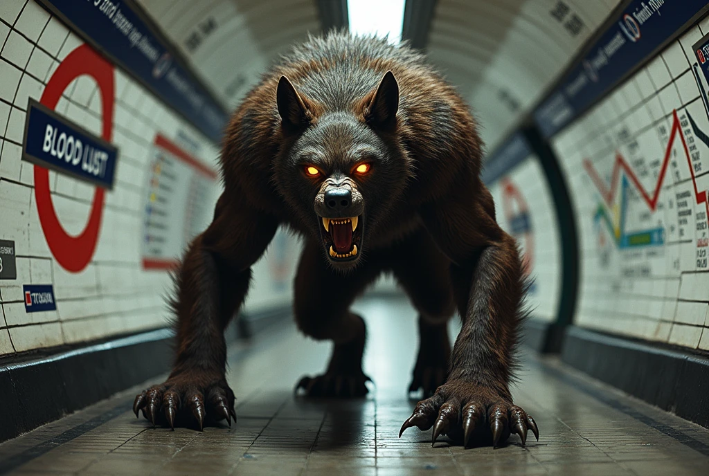 This is a highly detailed digital illustration depicting a hyper-muscular menacing werewolf poised on all fours in a London underground station, with its fur in shades of dark brown and grey, menacingly in the center of the image, its mouth open in a ferocious snarl, revealing sharp, menacing teeth. Its eyes glow a bright yellow, adding to its menacing appearance. The werewolf's fur looks thick and textured, with individual strands clearly visible creating an undulating effect from the muscular body underneath. 

The subway station is dimly lit, with a tiled floor and white walls adorned with tube maps. The map on the wall features underground lines with a multicolored scheme, and the station is decorated with graffiti, adding to the gritty, urban atmosphere. The werewolf is just rounding a blind corner, backing up the viewer who is retreating backwards from the beast. The official London underground tube station "BLOOD LUST" on the wall.