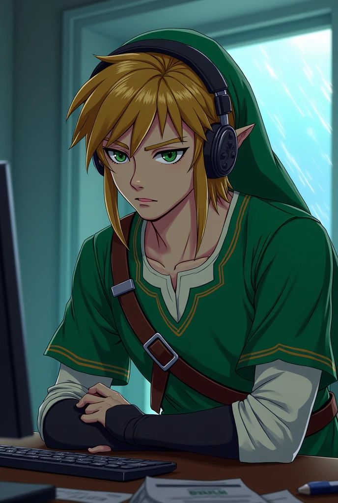 Link from The Legend of Zelda in Japanese anime style, he looks badass with some villain traits like bad eyebrows, he is wearing headphones and his iconic green tunic, sitting at a desk with a calm but intense expression. The setting is minimalist with soft lighting, creating a cool, relaxed atmosphere. It's raining outside. The image is designed to be bold and striking, perfect for a Discord profile picture.