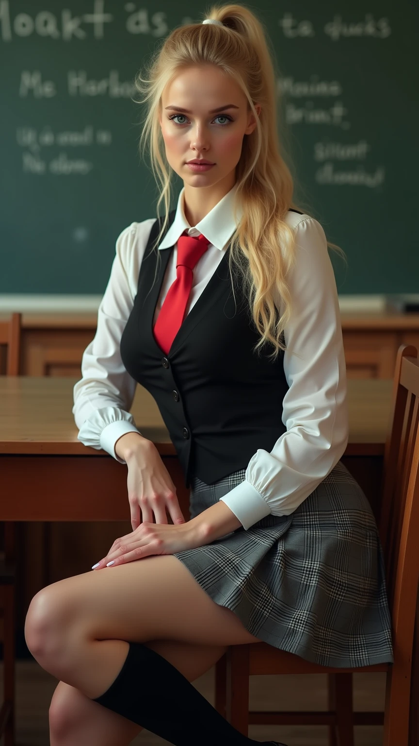  A photo of a voluptuous young Russian woman with long blond hair tied in a knee-length ponytail., emerald eyes, pale skin,  Wearing a women's private school uniform consisting of a white blouse and cuffs ., red tie, black sleeveless vest ,  Short gray plaid skirt above the knees , Knee-high socks, classic black shoes ,  posed in an elegant school environment ,  sitting at a desk ,  cinematic 