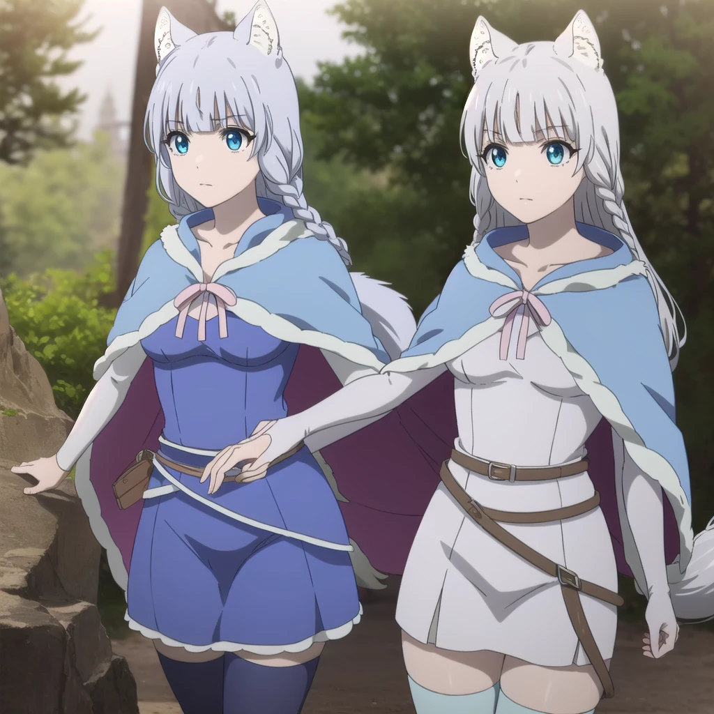 kemonoshigure, shigure, long hair, blue eyes, animal ears, braid, grey hair, animal ear fluff, wolf ears, wolf tail, wolf girl, tail,
BREAK skirt, cape, blue skirt, capelet, skirt, thighhighs, white thighhighs,
BREAK outdoors, forest,
BREAK looking at viewer, (cowboy shot:1.5), dynamic pose,
BREAK (masterpiece:1.2), best quality, high resolution, unity 8k wallpaper, (illustration:0.8), (beautiful detailed eyes:1.6), extremely detailed face, perfect lighting, extremely detailed CG, (perfect hands, perfect anatomy),