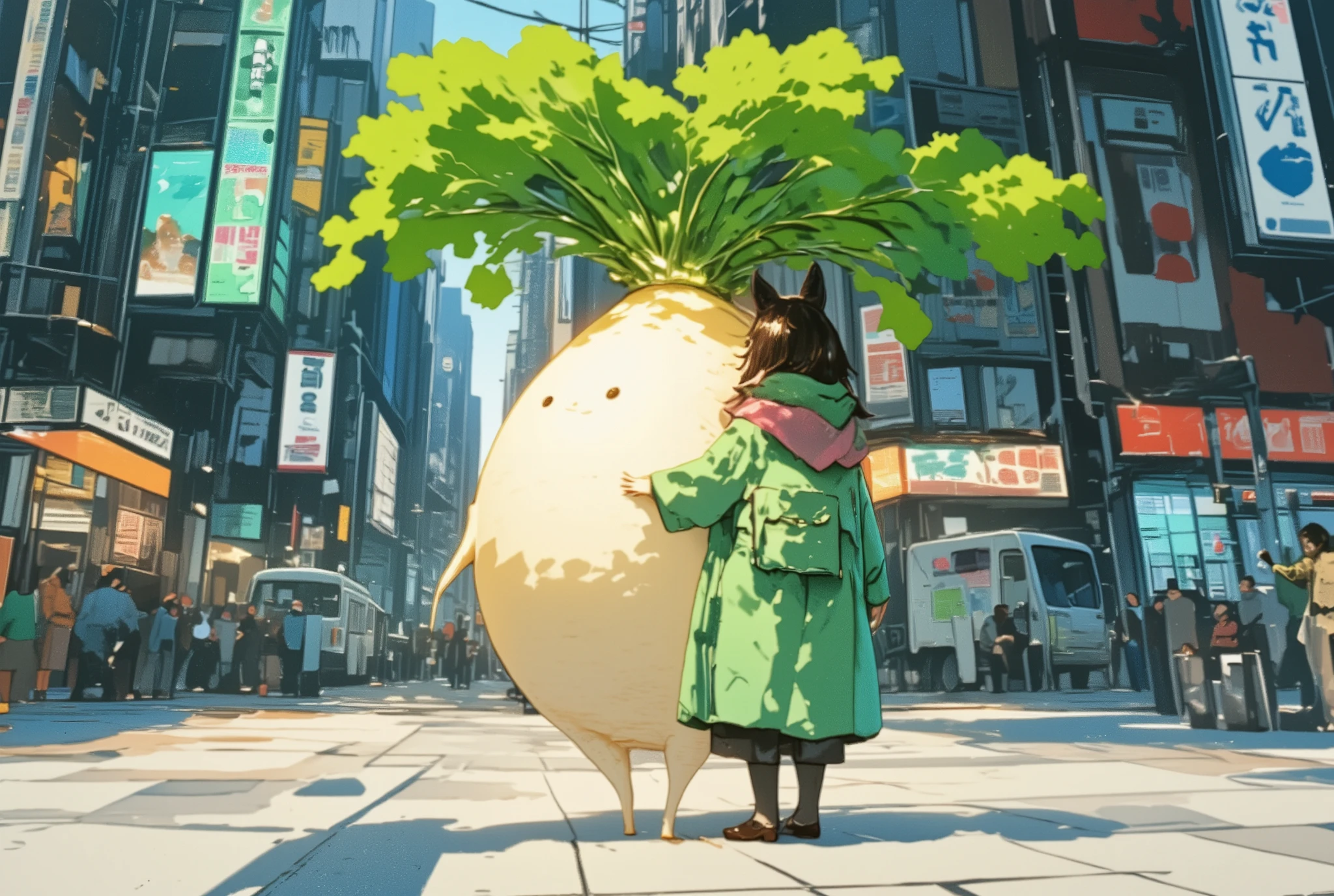  living daikon , A human-shaped radish,  anthropomorphic daikon , cute daikon,  Street with many banks ,  Street with camper van ,  Camper van ,  Werewolf posters on a building,  Sax blue illustration ,  A cute girl with animal ears 、With daikon、 Looking down the street in New York , The scent of neroli ,  Radish leaves in melon color ,  Peppermint green coat ,  Opal ornament with radish ,  Christmas season ,  Malachite green , Carnation