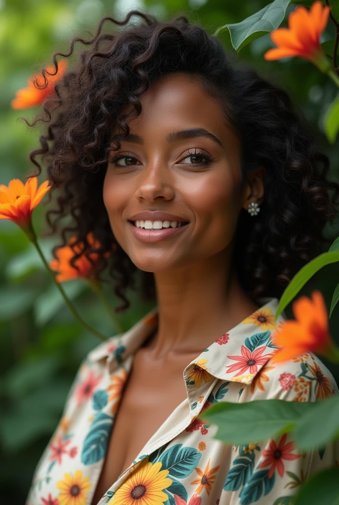 A Brazilian woman in a lush tropical garden, wearing an open shirt with a floral print, with a close-up capturing the harmonious beauty between her breasts and the natural flowers, showing off your natural charm and outgoing personality.