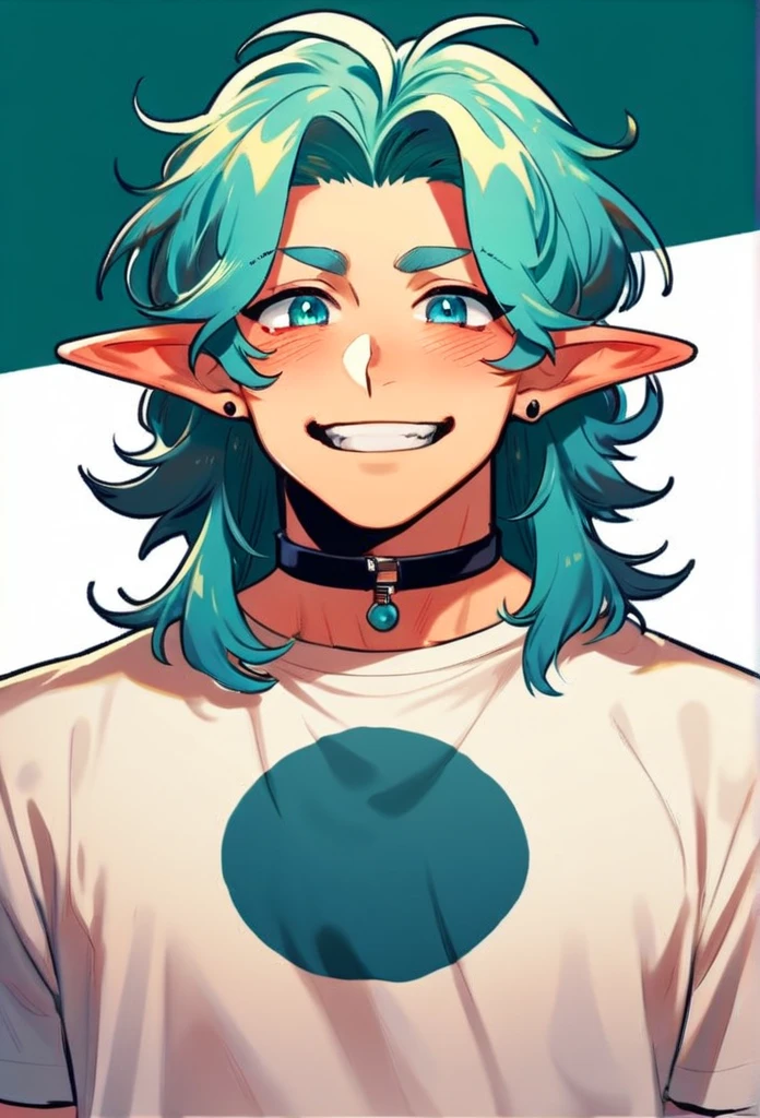 1boy, solo, messy hair, medium length hair, deliciated features, no fringe, without bangs, handsome boy, smirking, teal hair,  Cyclops [SDXL, graphic t-shirt, elf ears, black choker, blushing, stud earrings