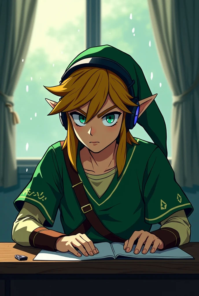 Link from The Legend of Zelda in Japanese anime style, he looks badass, he is wearing headphones and his iconic green tunic, sitting at a desk with a calm but intense expression, also with some villain traits like bad eyebrows. The setting is minimalist with soft lighting, creating a cool, relaxed atmosphere. It's raining outside. The image is designed to be bold and striking, perfect for a Discord profile picture.