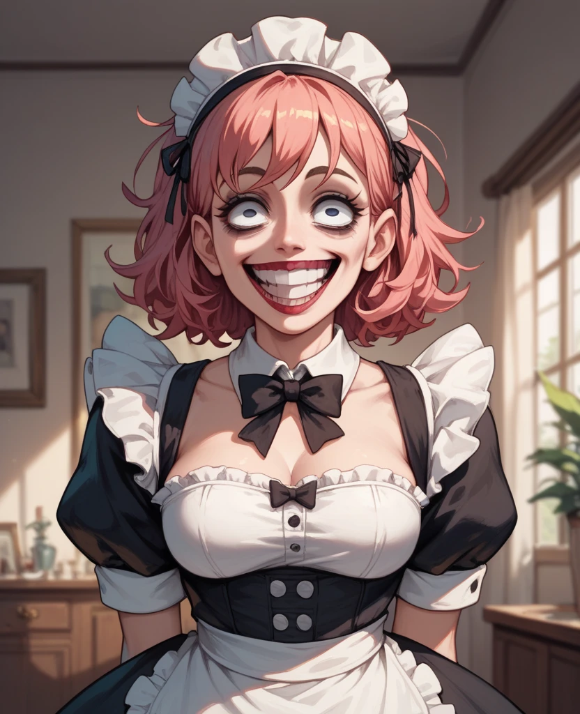 masterpiece, best quality, crazy woman, empty eyes, utsurome, maid, smile