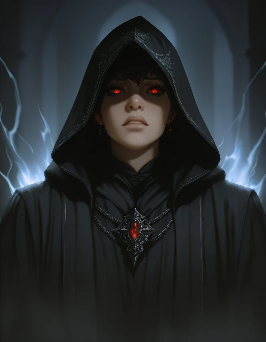 a dark evil necromancer woman, detailed face, piercing eyes, striking features, dark robe, dramatic lighting, moody atmosphere, sinister expression, powerful aura, intricate details, dark fantasy, dramatic shadows, cinematic composition, high detail, 8k, photorealistic