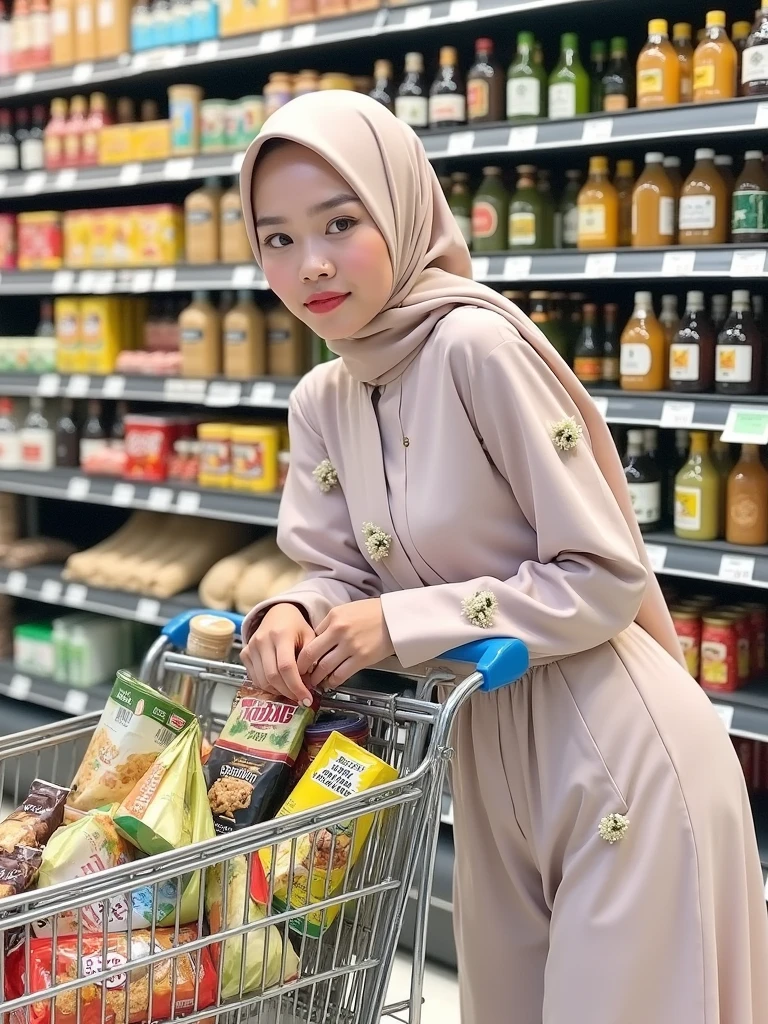 best-quality, vivid colors, best-animated, detailed eyes, detailed lips, shy-smile, modern minimarket scene, colorful snacks and fruits, soft lighting, friendly atmosphere, adorable, so adorable, 10-years-old, Sitting on a chair, using a smartphone, looking at the viewer, Masterpiece, 8k, 12k, ultra-detailed, wearing hijab, pashmina hijab, this girl wears pashmina hijab, so so adorable, cute, cutest