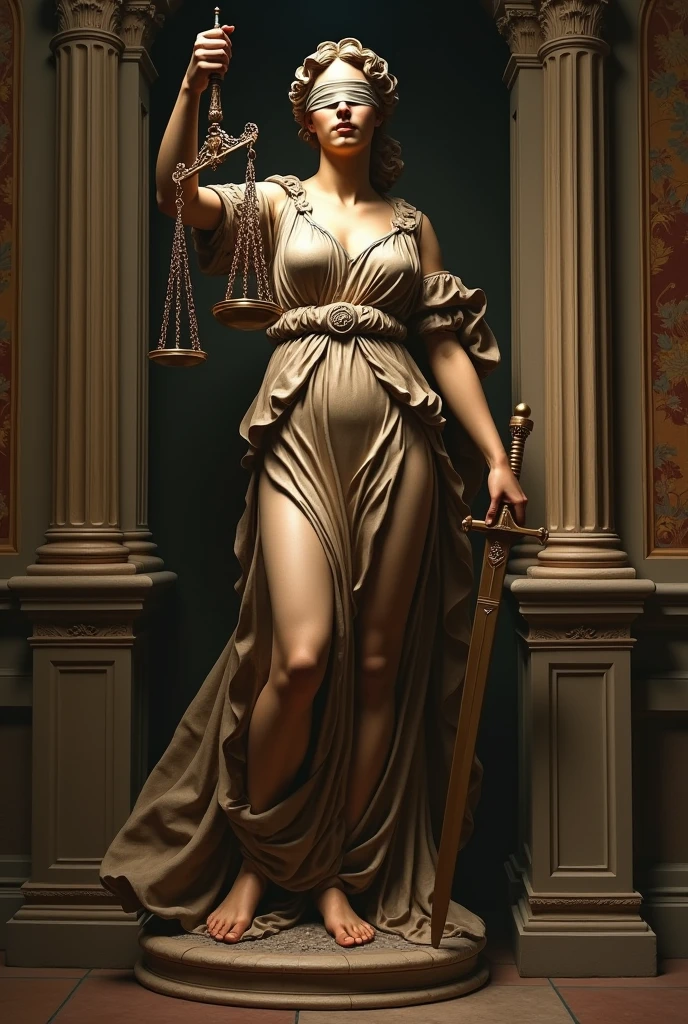 lady justice stands triumphant in the center, scales of justice in one of her hands, a sword is held in her other hand, she is blindfolded, lady prudentia lurks in the background holding a snake and gazing into a mirror, dark and desolate, renaissance painting, in the style of rembrandt, epic composition, realistic,
