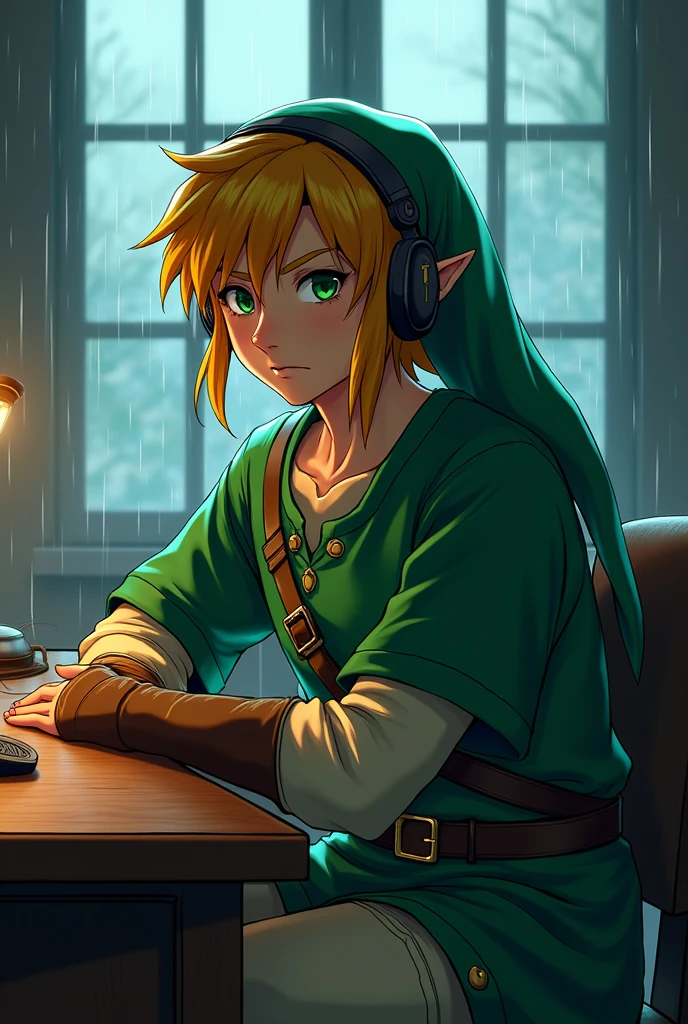 Link from The Legend of Zelda in Japanese anime style, he looks badass, he is wearing headphones and his iconic green tunic, sitting at a desk with a calm but intense expression, also with some villain traits like bad eyebrows. The setting is minimalist with soft lighting, creating a cool, relaxed atmosphere. It's raining outside. The image is designed to be bold and striking, perfect for a Discord profile picture.