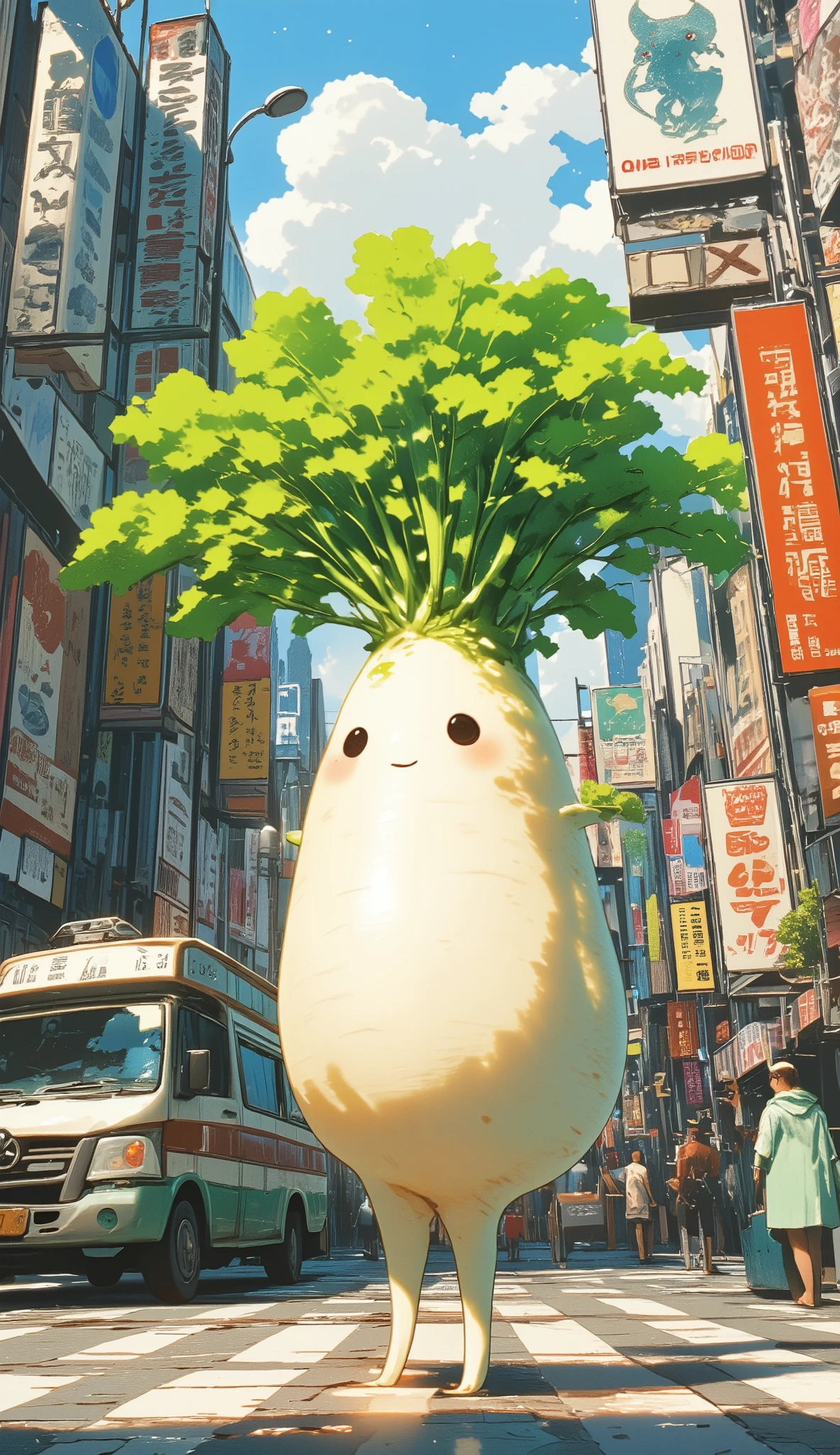  living daikon , A human-shaped radish,  anthropomorphic daikon , cute daikon,  Street with many banks ,  Street with camper van ,  Camper van ,  Werewolf posters on a building,  Sax blue illustration ,  A cute girl with animal ears 、With daikon、 Looking down the street in New York , The scent of neroli ,  Radish leaves in melon color ,  Peppermint green coat ,  Opal ornament with radish ,  Christmas season ,  Malachite green , Carnation