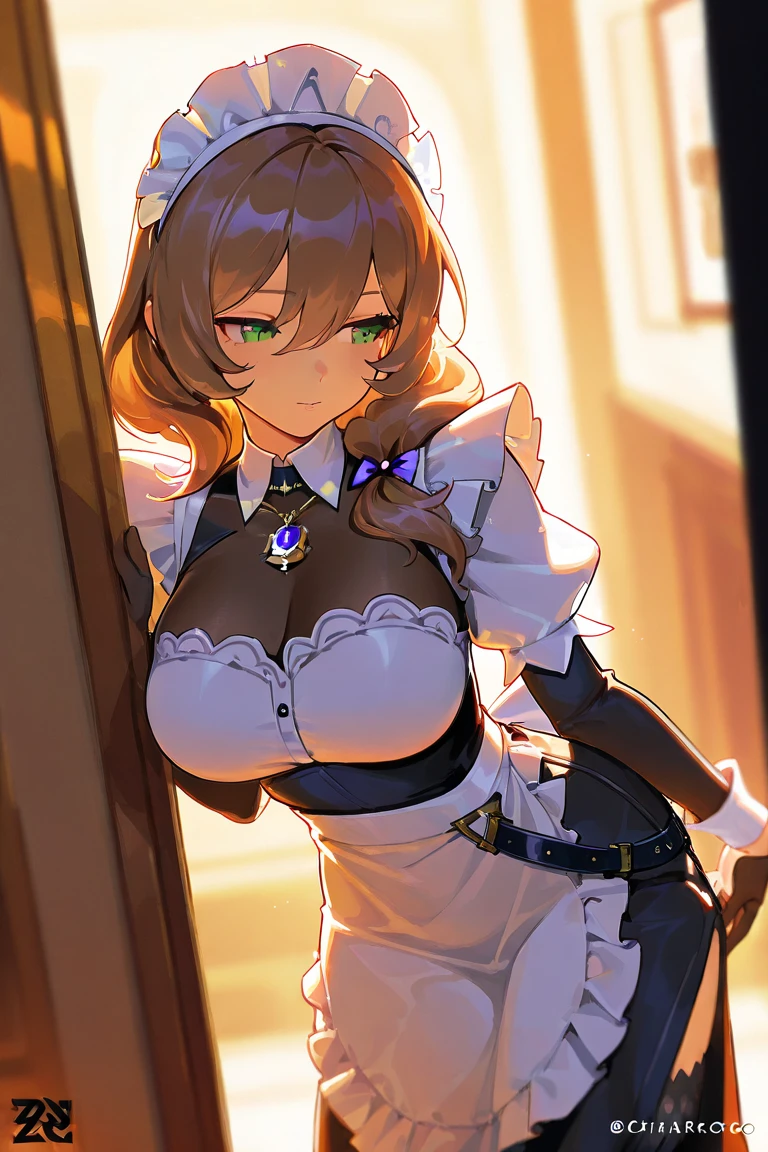 zenless zone zero, lisa, cowboy shot, solo cute maid girl, (best quality,4k,8k,highres,masterpiece:1.2),ultra-detailed,intricate details, high fashion, dramatic lighting, warm colors, chiaroscuro, rating safe