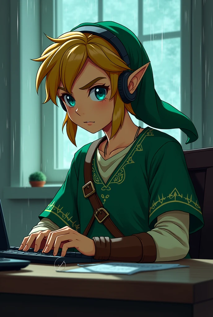 Link from The Legend of Zelda in Japanese anime style, he looks badass, he is wearing headphones and his iconic green tunic, sitting at a desk with a calm but intense expression, also with some villain traits like bad eyebrows. The setting is minimalist with soft lighting, creating a cool, relaxed atmosphere. It's raining outside. The image is designed to be bold and striking, perfect for a Discord profile picture.