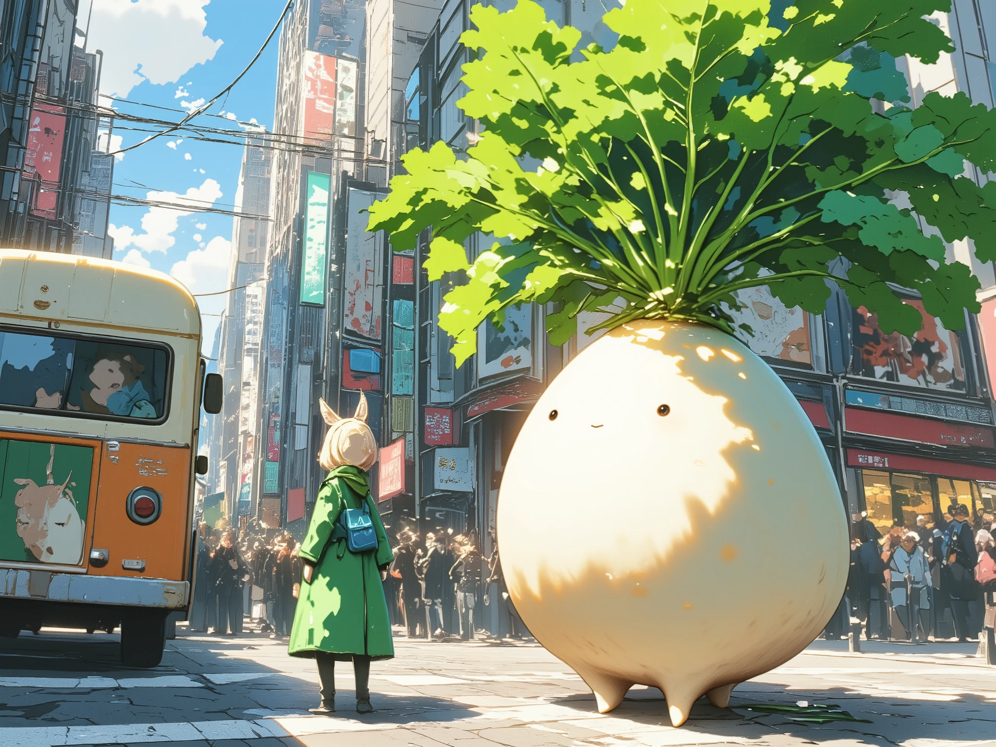  living daikon , A human-shaped radish,  anthropomorphic daikon , cute daikon,  Street with many banks ,  Street with camper van ,  Camper van ,  Werewolf posters on a building,  Sax blue illustration ,  A cute girl with animal ears 、With daikon、 Looking down the street in New York , The scent of neroli ,  Radish leaves in melon color ,  Peppermint green coat ,  Opal ornament with radish ,  Christmas season ,  Malachite green , Carnation