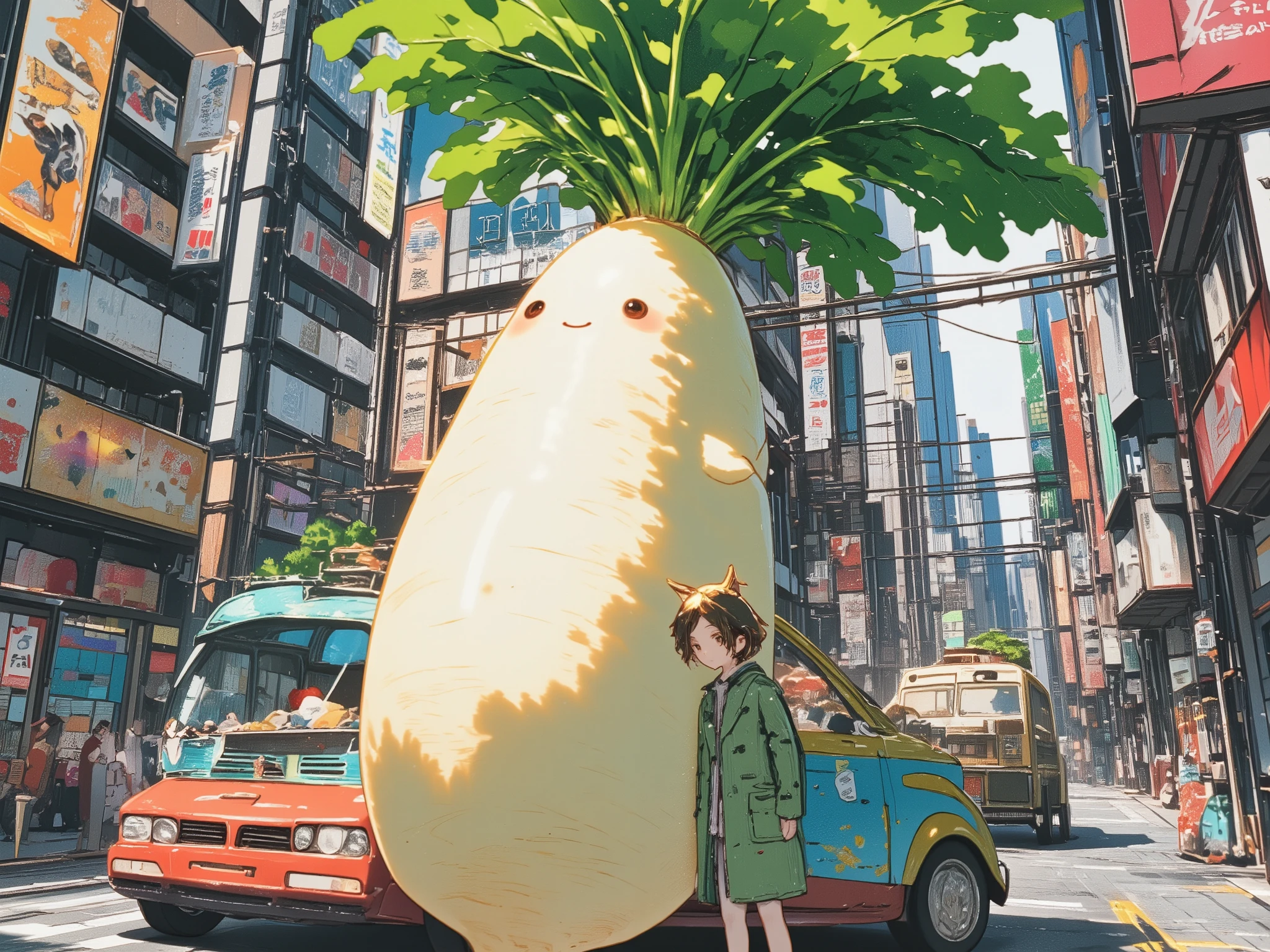  living daikon , A human-shaped radish,  anthropomorphic daikon , cute daikon,  Street with many banks ,  Street with camper van ,  Camper van ,  Werewolf posters on a building,  Sax blue illustration ,  A cute girl with animal ears 、With daikon、 Looking down the street in New York , The scent of neroli ,  Radish leaves in melon color ,  Peppermint green coat ,  Opal ornament with radish ,  Christmas season ,  Malachite green , Carnation