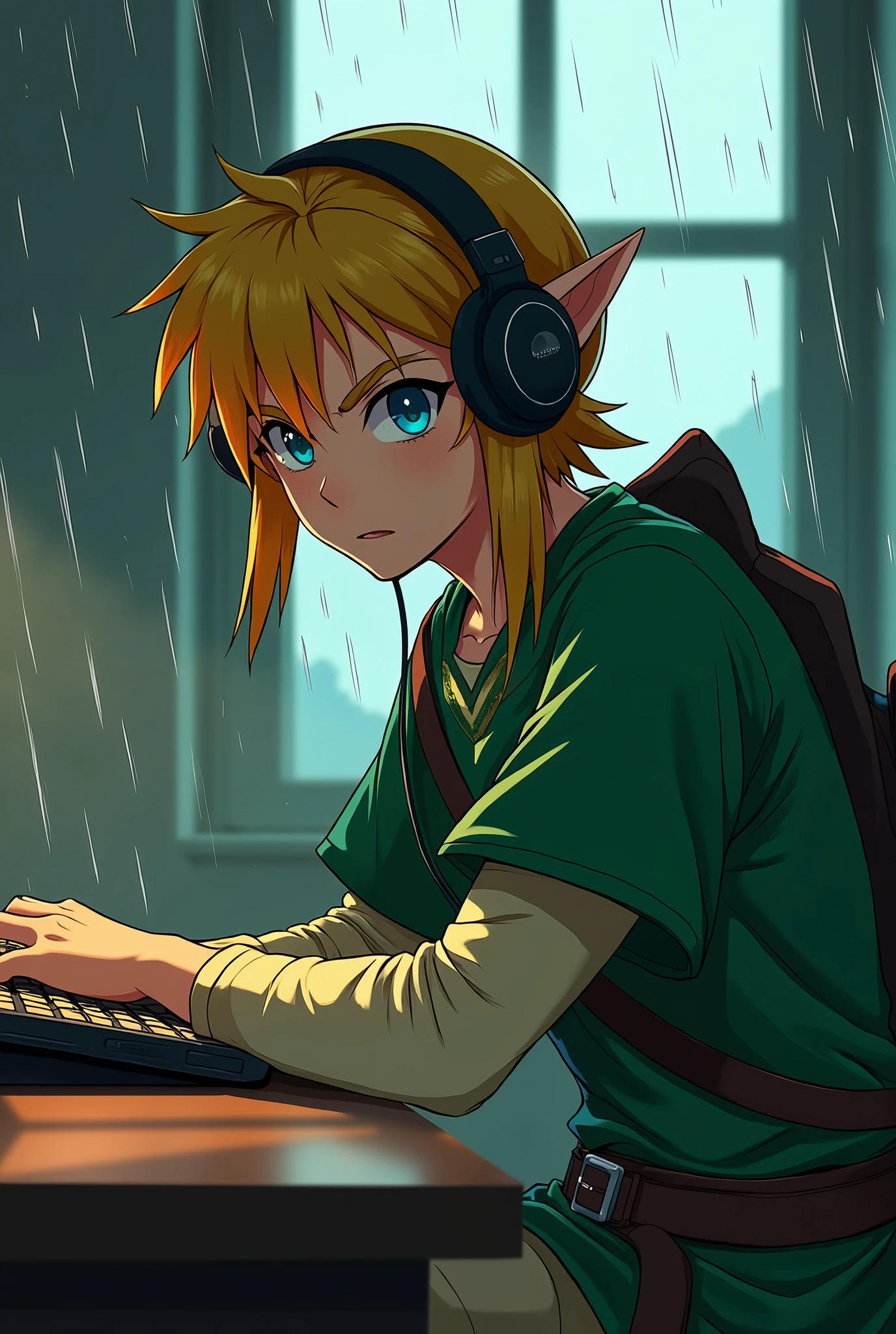 Link from The Legend of Zelda in Japanese anime style, he looks badass, he is wearing headphones and his iconic green tunic, sitting at a desk with a calm but intense expression, also with some villain traits like bad eyebrows. The setting is minimalist with soft lighting, creating a cool, relaxed atmosphere. It's raining outside. The image is designed to be bold and striking, perfect for a Discord profile picture.