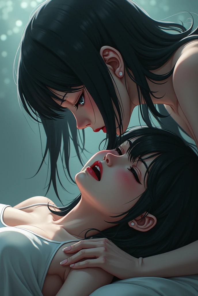 Lying down and hugging、Two beautiful female mixed martial artists covered in love juices touching each other's crotches。Intense orgasm inside the octagon。Climax。Ecstasy。Rivals。Black Hair。Exhausted。Painful expression。Sweaty。Drooling。Love juice is gushing out from between her legs like a fountain。Milk is gushing out from the nipples。Eyes closed, mouth open, out of breath。Open Finger Gloves。naked。Erect nipples。