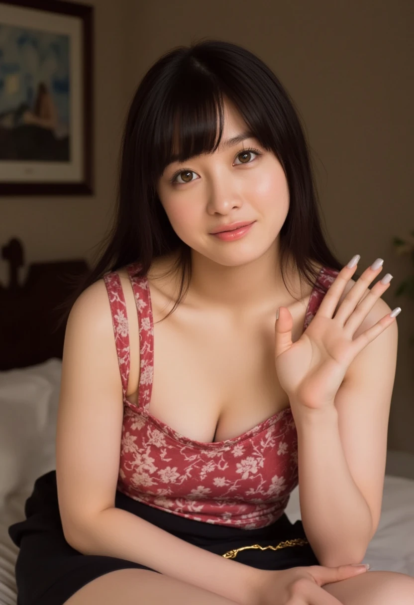  beautiful Japanese woman 、 High Quality 、One-shoulder exposure,  Attractive and Charming, Cute and friendly expression, Sensual and Graceful Poses , Captivate the audience,  detailed face ,  Cinematic Lighting, Warm Colors ,  high definition ,  Photorealistic, masterpiece,Show your chest, emphasizes the chest, Seductive Poses 