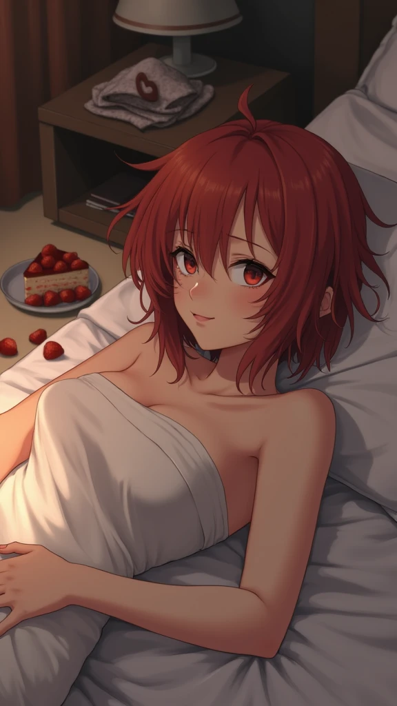 Arima Kana,whole body,Red hair,Red Eye, Naked with inverted nipples, smile,blush,bed,Sheets with wrinkles,Lying down