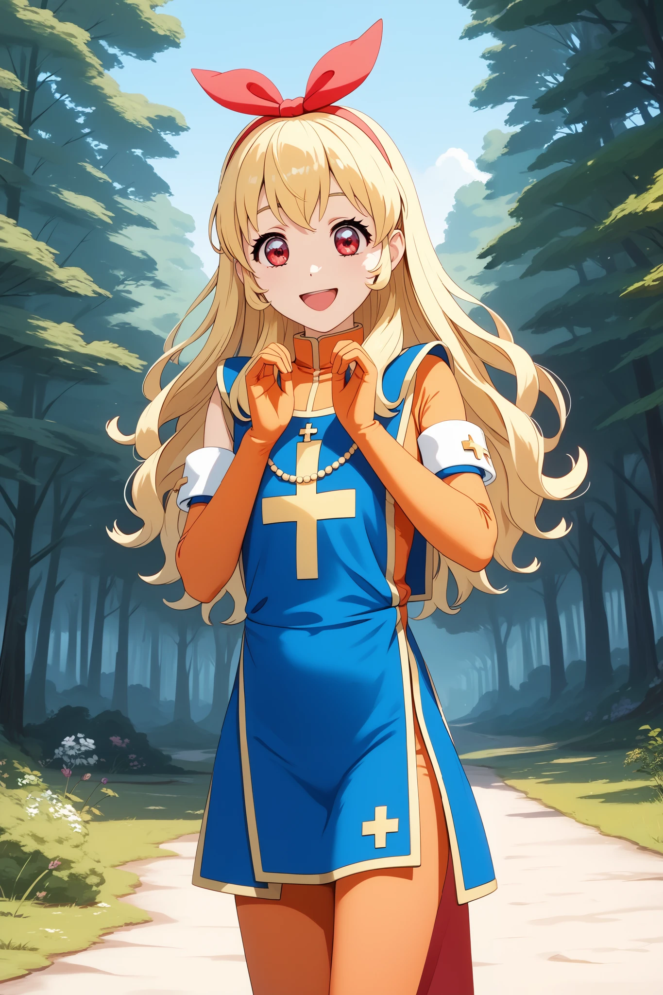 (RED Ribbon on HAIRband:1.2),(masterpiece, best quality, highly detailed, ultra detailed, high resolution, absurdres, 4K, 8K:1.2), absurdres, ultra detailed illustration, cinematic angle, 1girl, cute, kawaii, parky, beautiful long hair, Blonde hair, smile, opened mouth, beautiful red eyes, cute pose, priest, windy, in beautiful forest, blue sky, priest \(dq3\), orange bodysuit, mitre, tabard, elbow gloves,