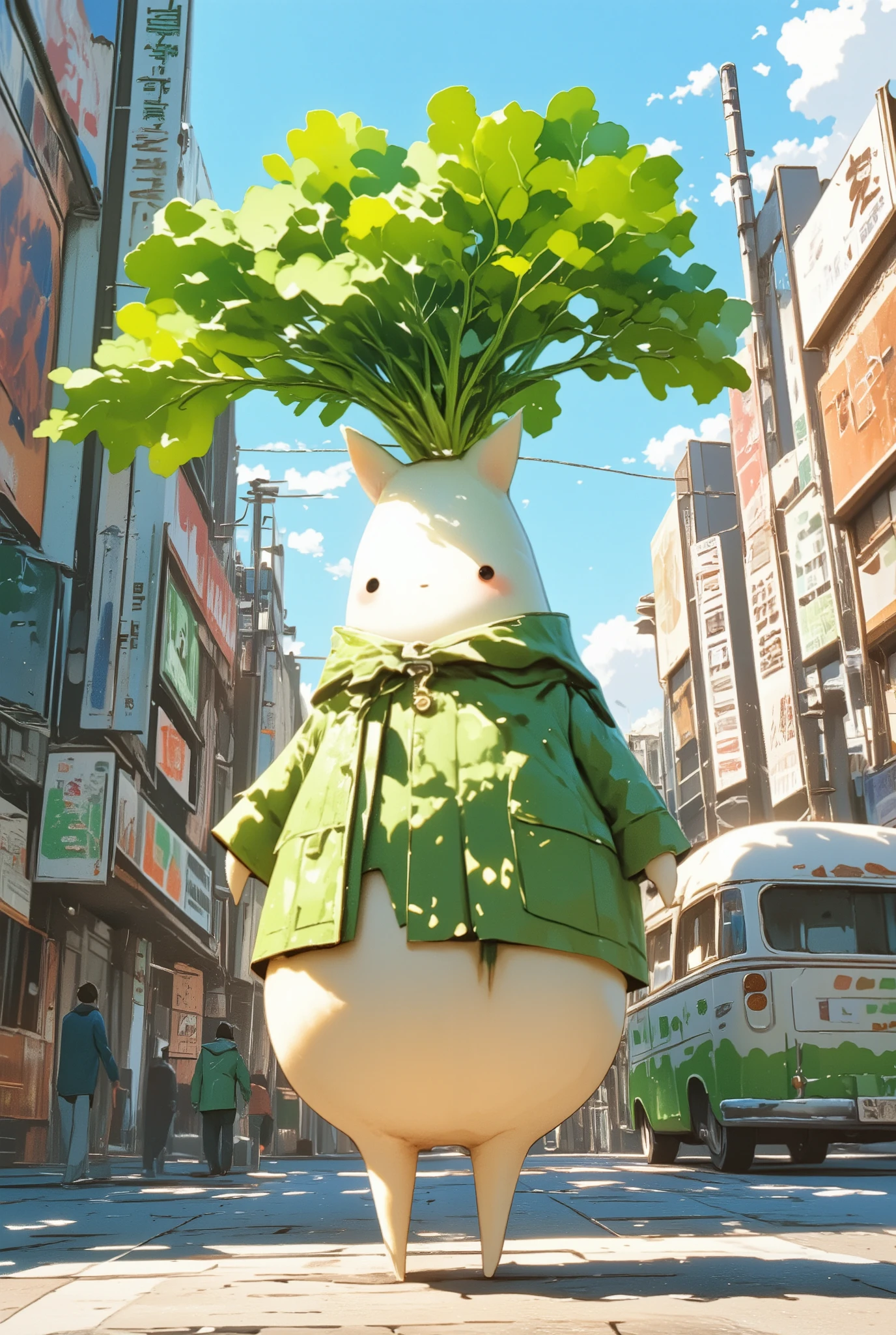  living daikon , A human-shaped radish,  anthropomorphic daikon , cute daikon,  Street with many banks ,  Street with camper van ,  Camper van ,  Werewolf posters on a building,  Sax blue illustration ,  A cute girl with animal ears 、With daikon、 Looking down the street in New York , The scent of neroli ,  Radish leaves in melon color ,  Peppermint green coat ,  Opal ornament with radish ,  Christmas season ,  Malachite green , Carnation