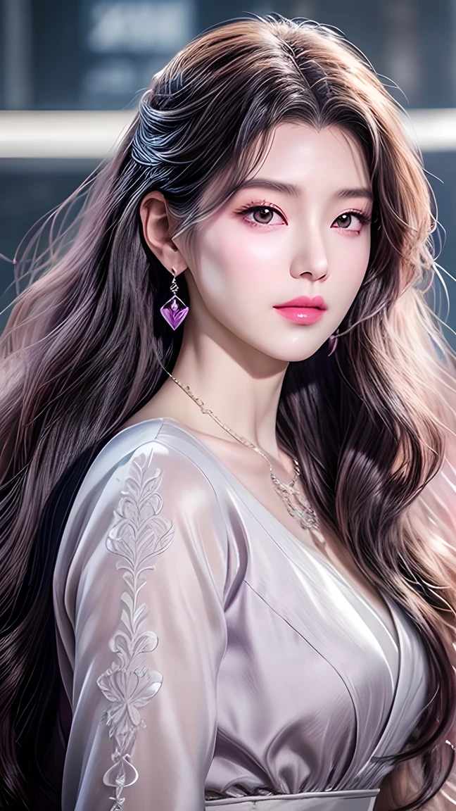 Beautiful,  White Asian Women , K-pop Aidou , Long full white wavy curls ,  Amber Eyes ,  Lavender Dress , Saggy Crescent Eyes , White eyelashes,  heart-shaped amethyst necklace and cut amethyst earrings, Small face,  Pink Careful Lips . pale.  actual  