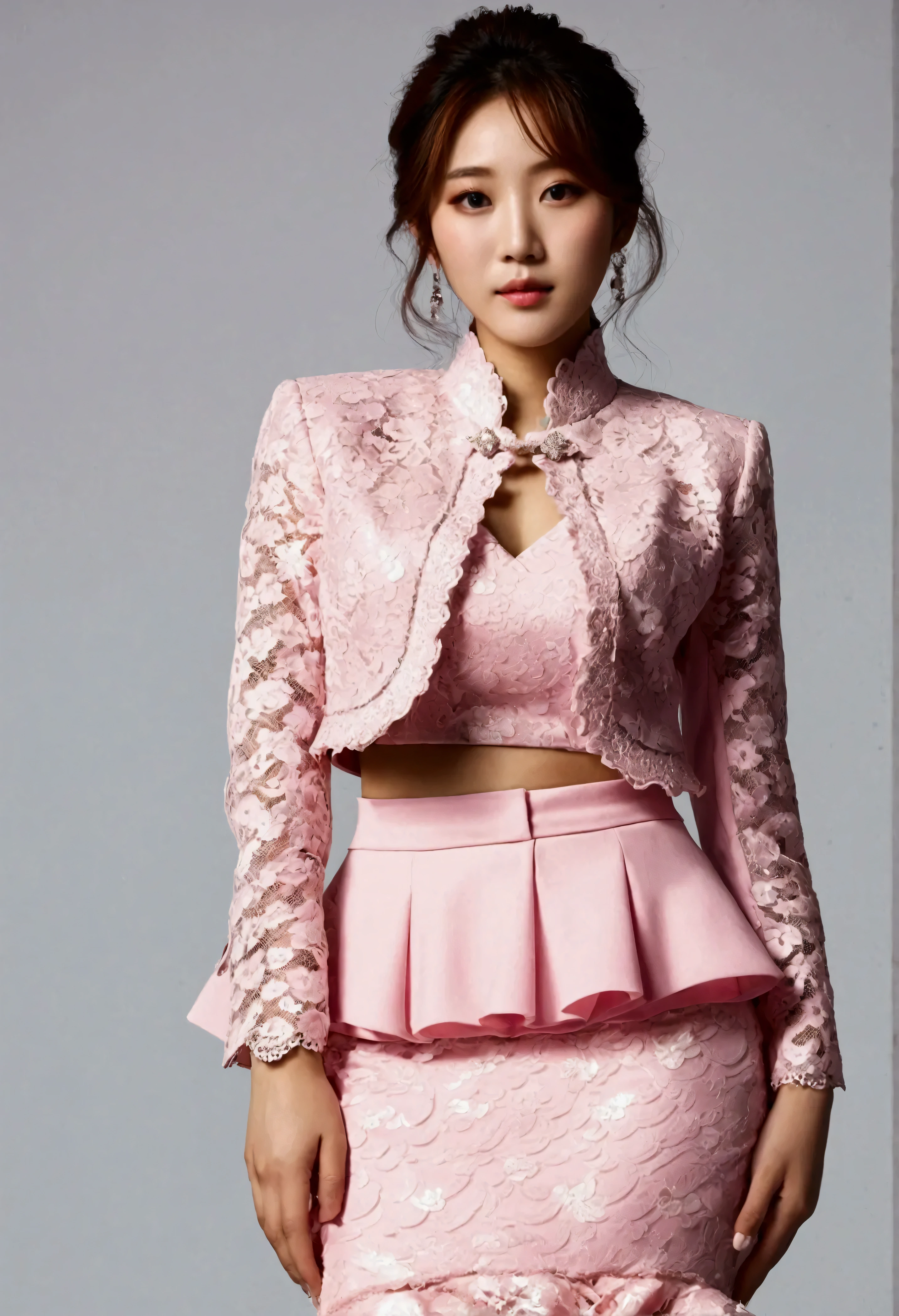 A Korean man is wearing a ladies' skirt suit, a beautiful skirt suit, he is a crossdresser, he has big breasts on his chest like a woman's, his face is very masculine, his hair is masculine short, pink and white, frills and lace. Decoration, lady's dress, two-piece, cropped jacket, small jacket, round neck jacket, China collar jacket, mermaid dress