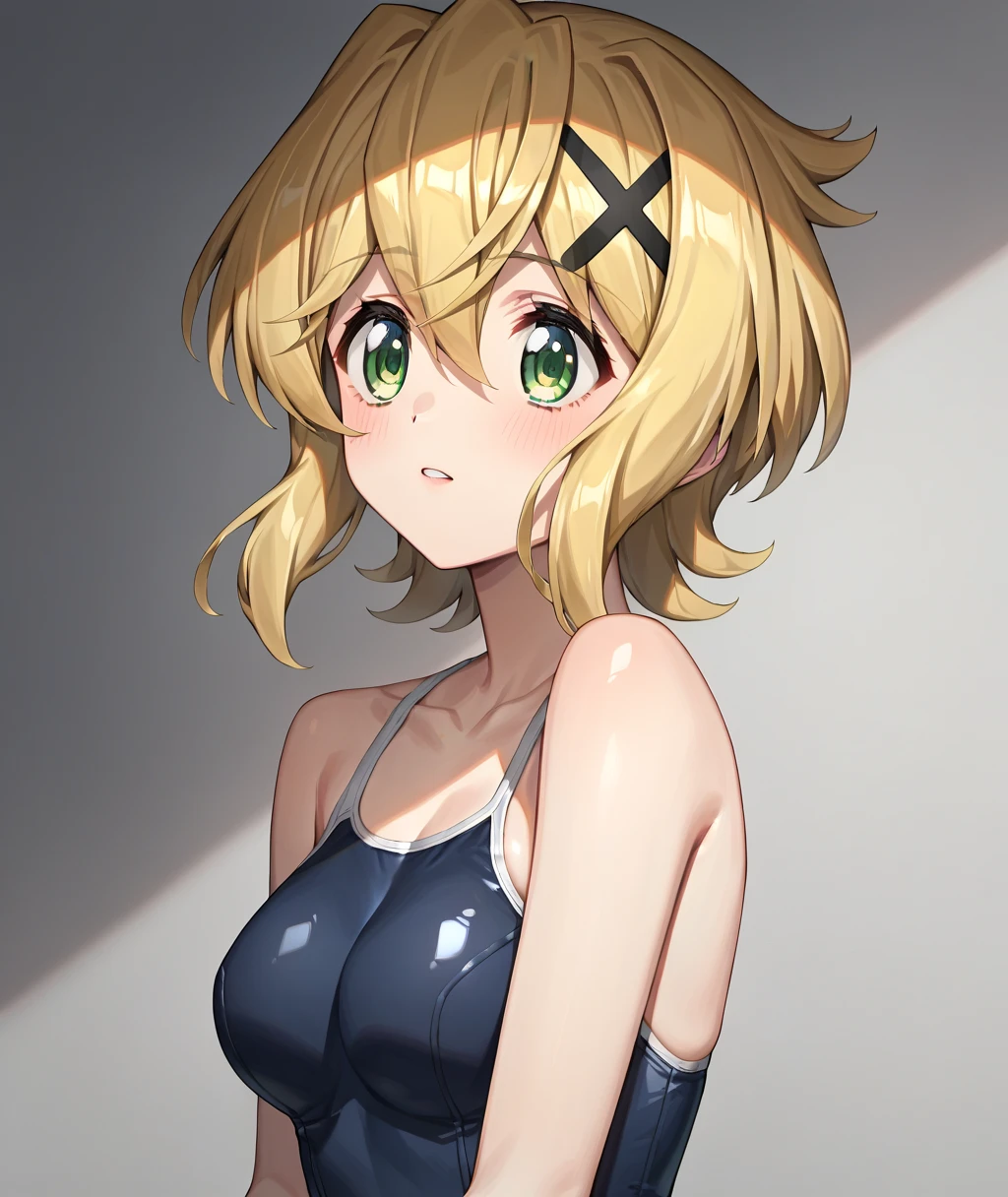 akatsuki_Fever_senkizesshousymphogear，Blonde_hair, short_hair, green_eyes, shiny_hair, hair_ornament, shiny, x_hair_ornament, breasts, medium_breasts, hair_between_eyes, SCHOOL SWIMSUIT 