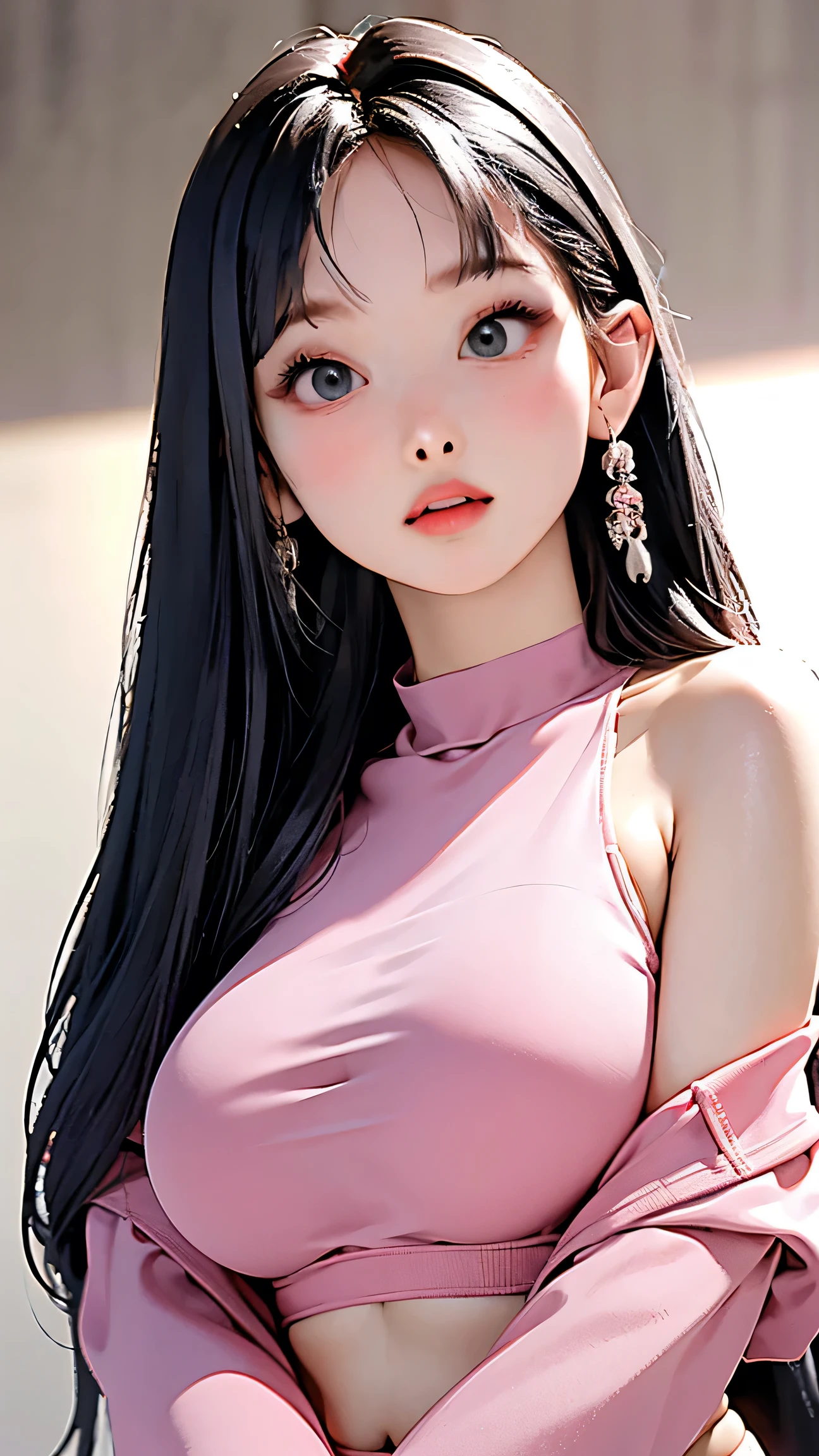 (masterpiece, highres, high resolution:1.2), anime 20 yo girl, portrait, shoulders up, illustration. drawn, violet hair, asian girl, green eyes, blushing, solo, surprised, freckles, big lips, huge breasts, perfect body, wearing a tight crop top, no hands.