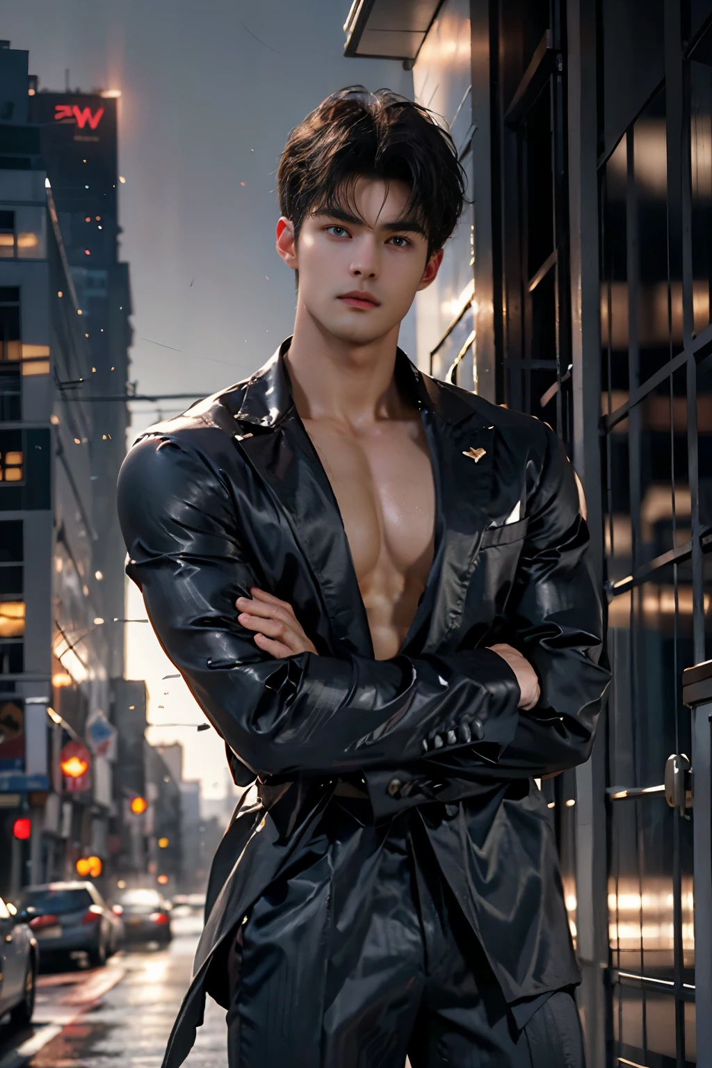 Photograph of a 20 year old man, face perfect, OGood de arte, Good, Underwear, blackw_Good, jaket, blackw_underpant