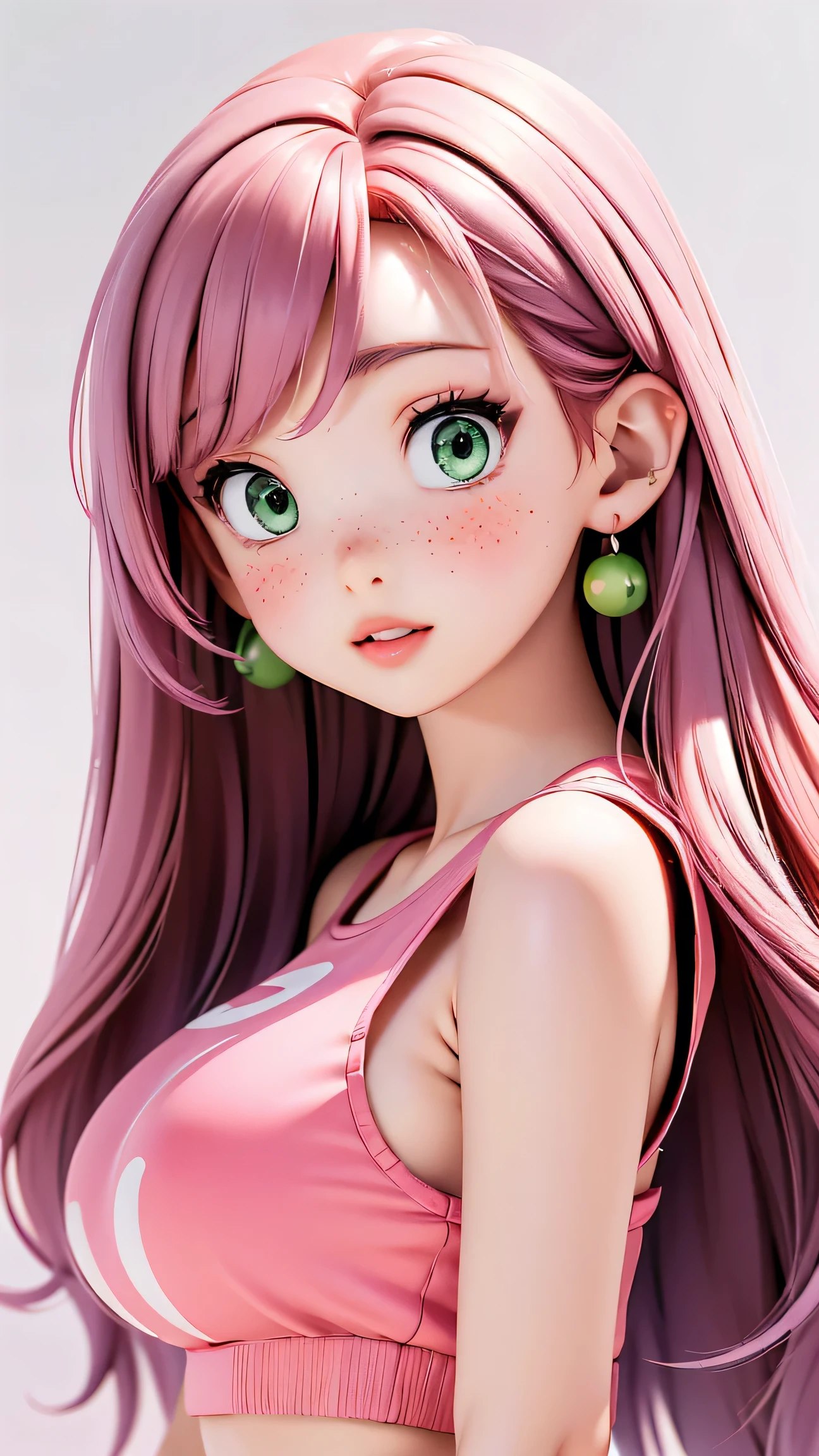 (masterpiece, highres, high resolution:1.2), anime 20 yo girl, portrait, shoulders up, illustration. drawn, violet hair, asian girl, green eyes, blushing, solo, surprised, freckles, big lips, huge breasts, perfect body, wearing a tight crop top, no hands.