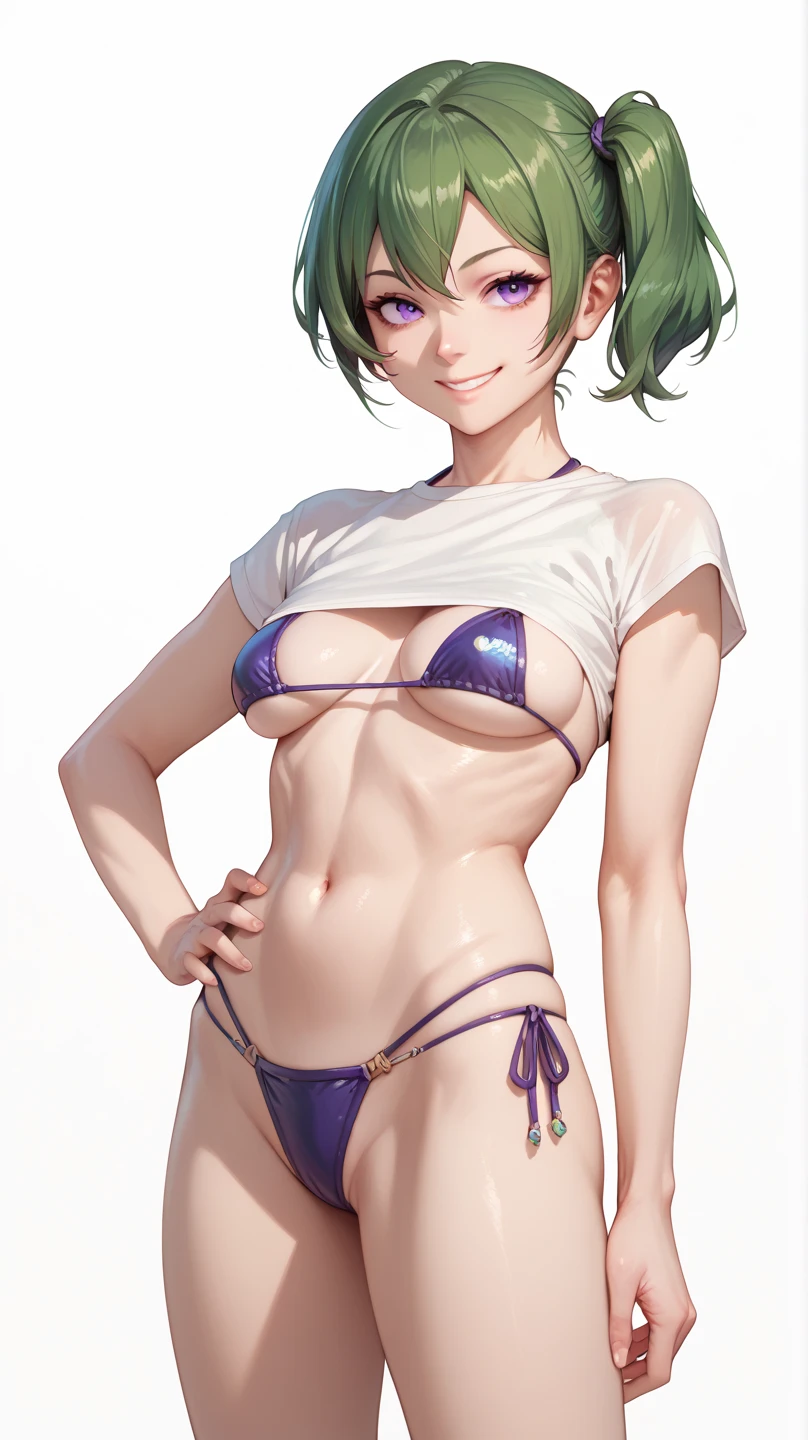  1 girl, Solo,  shirt,best quality , boobs,  looks at the audience , Short hair, side ponytail,Green hair,Purple eyes,smile,hand on hip, venus bikini,White background,