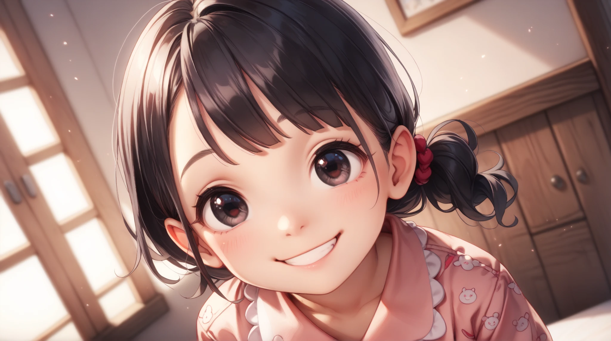 Young girl（８talent、loli、 Kindergarten Mother）、Black Hair、 shortcuts、 dark eyes、clothing（pajamas:1.5）、break((smile:1.5), (looking up:1.3))、background（back ground is pink:1.3）、break（(anime style;1.5))