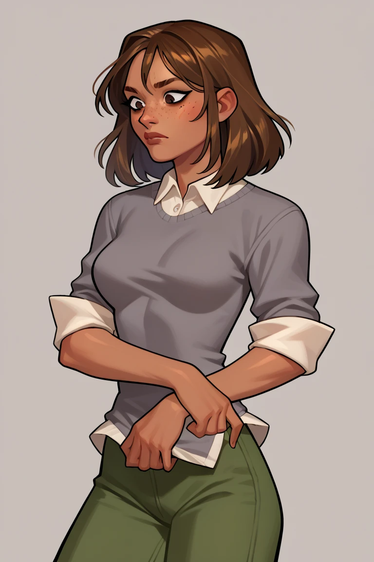 score_9, score_8_up, score_7_up, BREAK, 1girl, solo, breasts, courtneytd, dark skin, freckles, grey shirt, collard shirt, sweater, sleeves rolled up, green pants