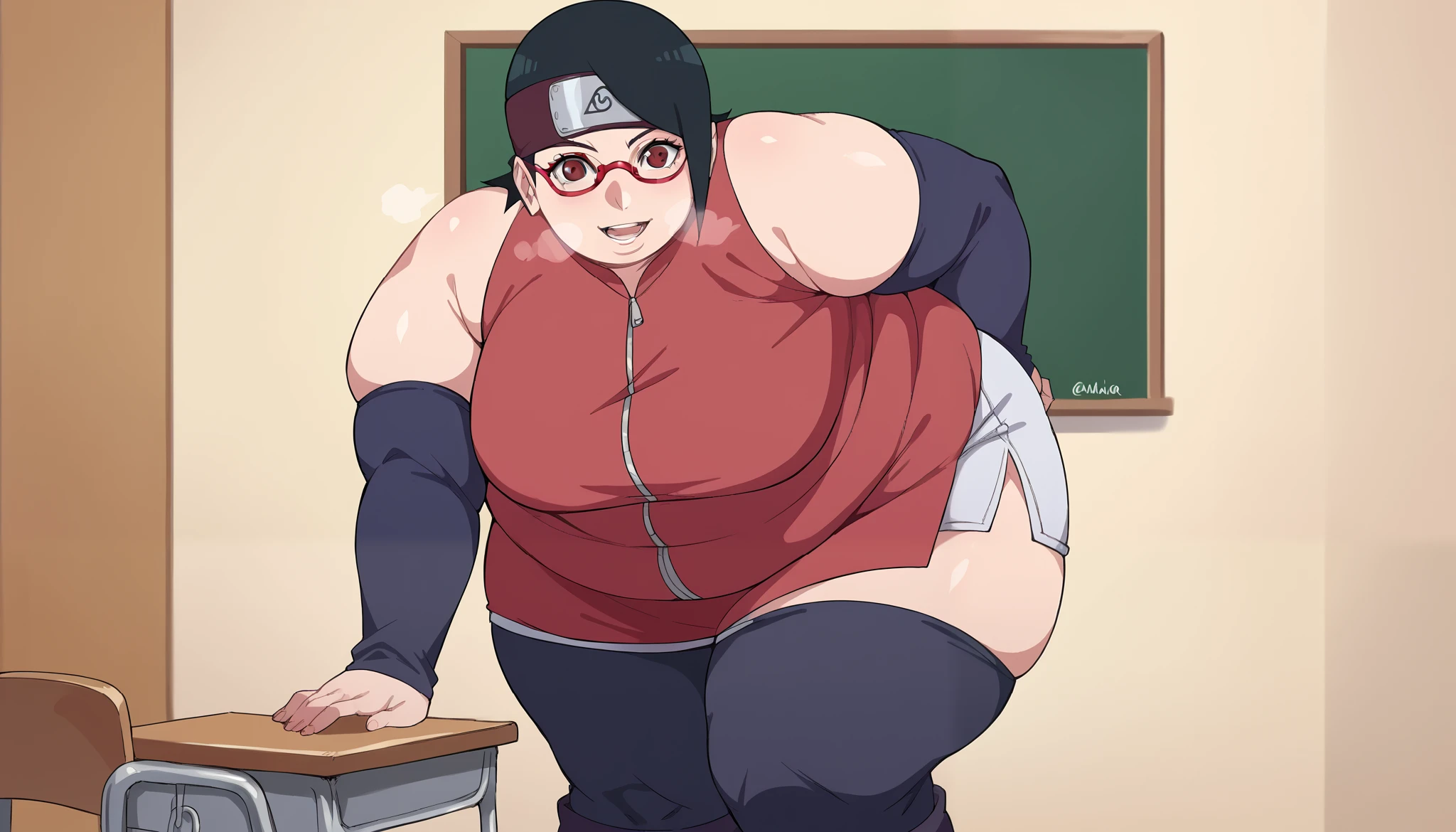 score_9, score_8_up, score_7_up, source_anime,
saradauchiha, sarada uchiha, short hair, black hair, black eyes, red-framed eyewear, glasses, swept bangs,
thighhighs, bare shoulders, detached sleeves, shorts, zipper, toeless footwear, dress, red dress,
indoors, classroom, bent over, smile,
solo, looking at viewer, cowboy shot, fat, chubby, obese, gigantic arms and legs, large breasts open mouth, out of breath