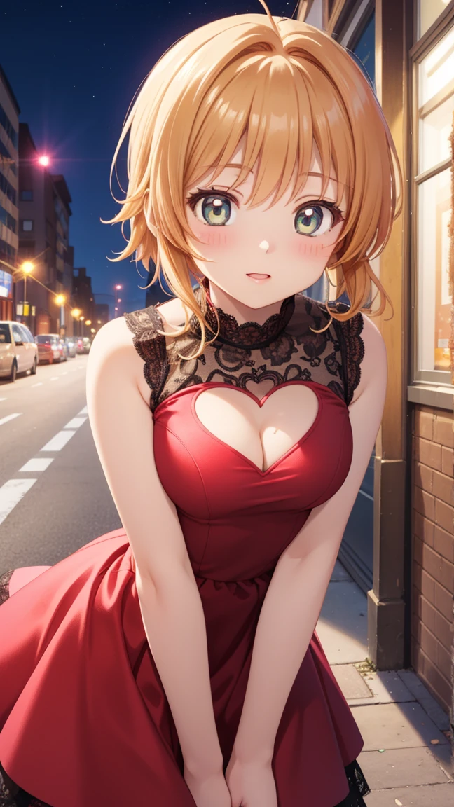 masterpiece, best quality, highres, 1girl, detailed face, blush, anime CG style, (medium breasts), (18 year old girl:1.3), (aged up), good lighting, perfect body, sakura kinomoto, glossy lips, heart cutout, cleavage cutout, clothing cutout, arms behind back, night, city, prom dress, lace, leaning forward