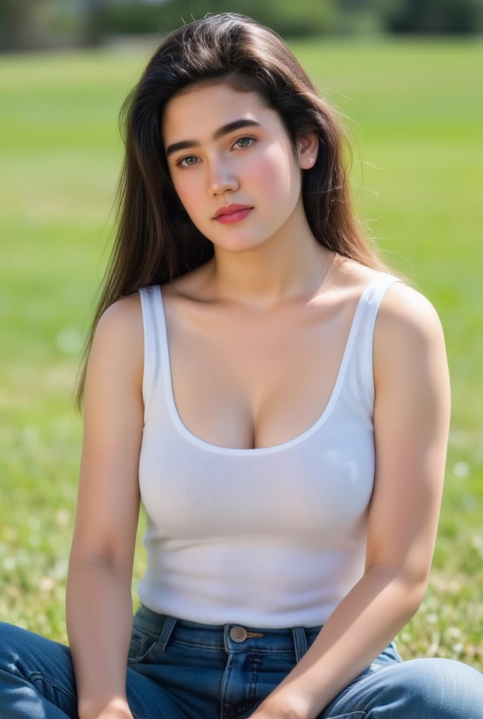 1girl, alone,
from right in front,
(from the top of her head to her upper chest),
(young Jennifer Connelly at age 18),
she wear in white tank top and wears blue jeans.,
she is a tall woman with long slender limbs.,
moderately plump blreasts youth fully upward.,
beautiful deep cleavage,
broad wide shoulders as like athlete, 
toned yet still moderately fleshy womanly body,
small waist and round hips,
(she has a cute face with plump cheeks.),
scooped nose arched high with a turned-up tip, 
modestly thin eyebrows, 
modest make up for highlighting her natural beauty as a teenage girl.,
flawless healthy youthful fresh succulent fine smooth glistening fair pale skin,
wet shiny long dark hair with the tips of the hair are wet.,
she is giving a beamng smile to show her love to him.,
she sits on the grass side and she spreads her legs wide., 
bright sun light illuminates direct on her face., 

(Browse:-2), (Faithfully reproduce image details1.37), (１Beautiful woman), , (Best quality calibration:1.21), 32K resolution, (Practical:1.21), (超Practical:1.21), High resolution UHD, (masterpiece:1.21), (Quality Improvement:1.21), (Very nice facial details), (Perfect Anatomy:1.21), Physically Based Rendering, Ray Tracing, (Highest quality real texture skin:1.21), (Symmetrical and detailed eyes:1.21), Delicate eyelashes_eyebrow, (Clear focus), Professional movie lighting,  Browse:-2,